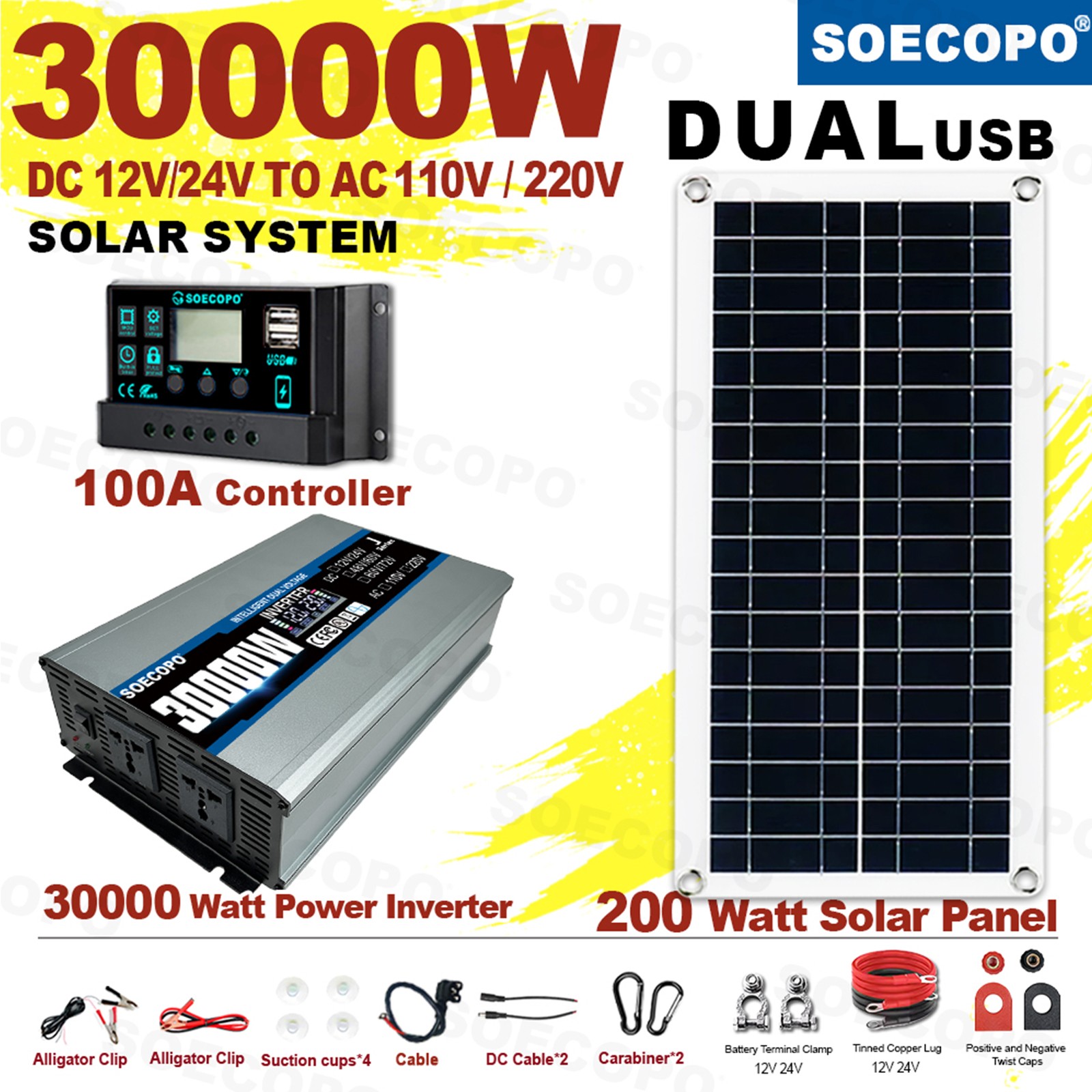 30000W Solar Power System | SOECOPO 200W Panel + Controller Inverter