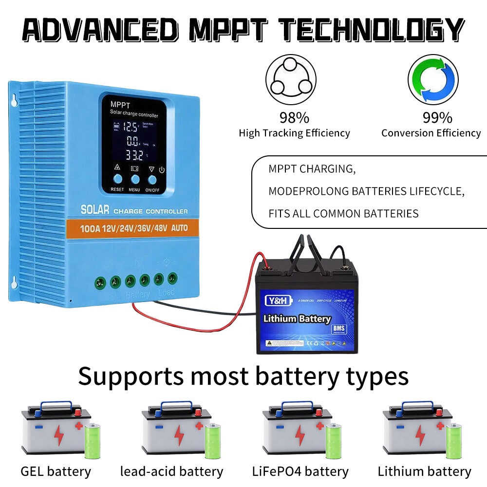 60A/100A 12V/24V/36V/48V MPPT Solar Panel PV Regulator Charge Controller LCD USB