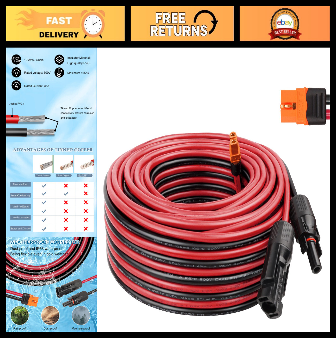 50FT 10AWG Solar Panel XT60i Extension Cable Adapter Connector for Power Station