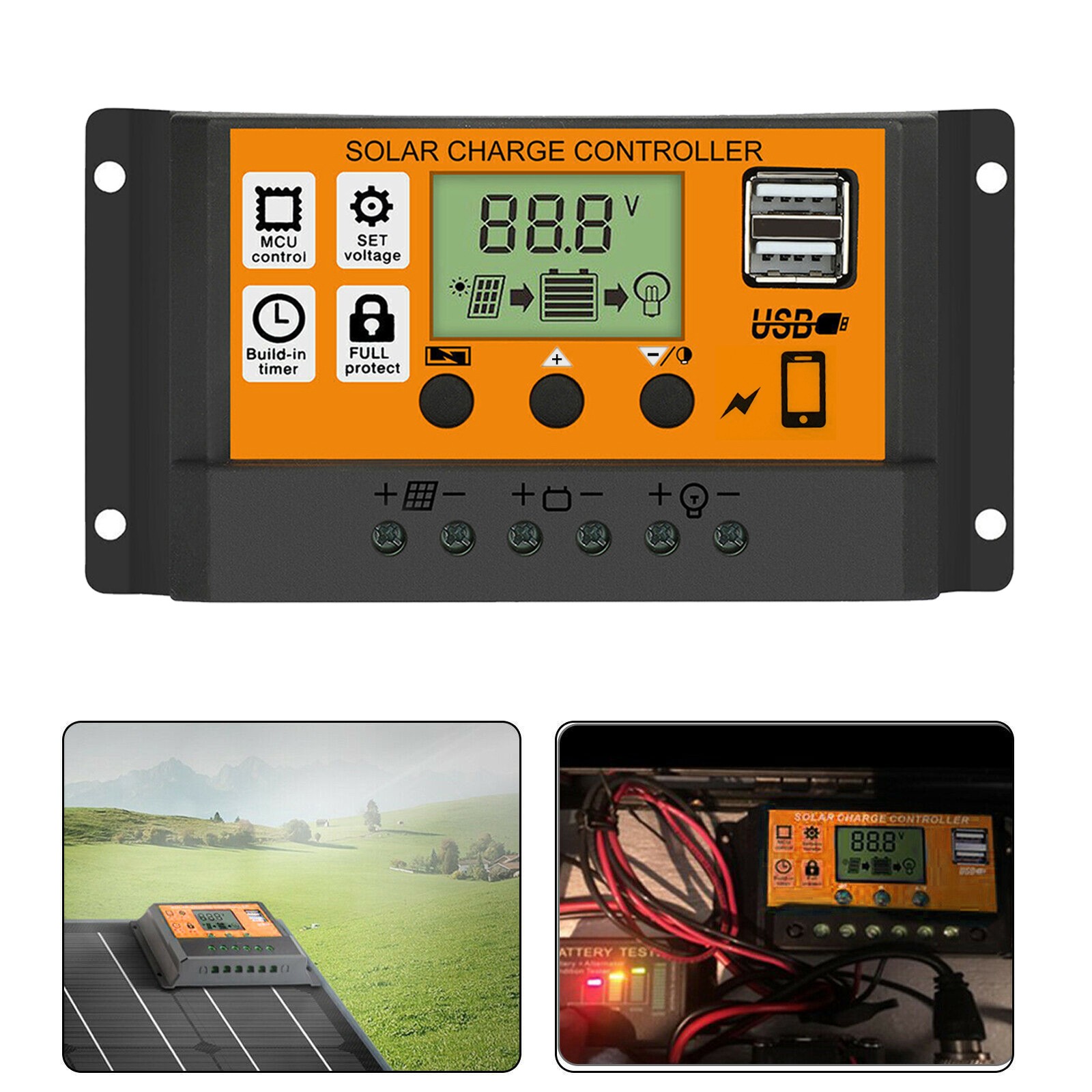 10-90A Solar Panel Regulator Battery Charge Controller LCD Auto Dual USB 12V/24V