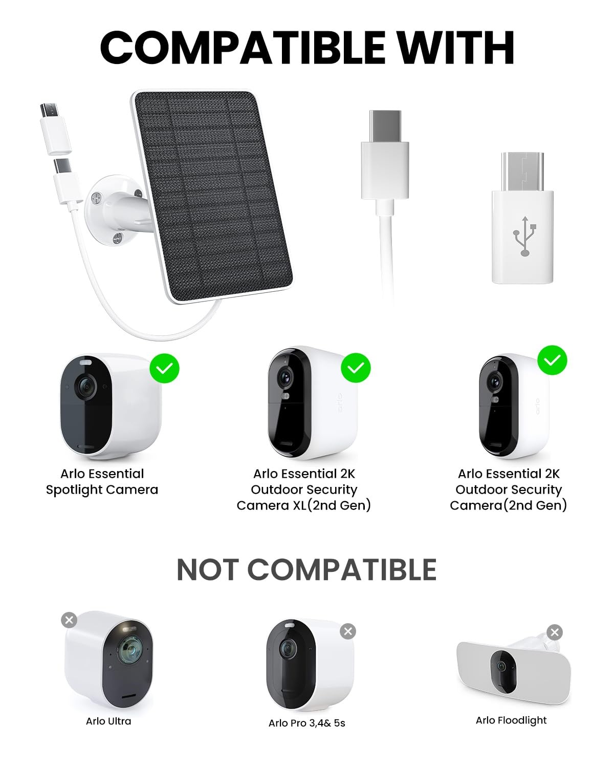 5W Solar Panel Charger Compatible with Arlo Essential 2K Outdoor Camera(2nd G…