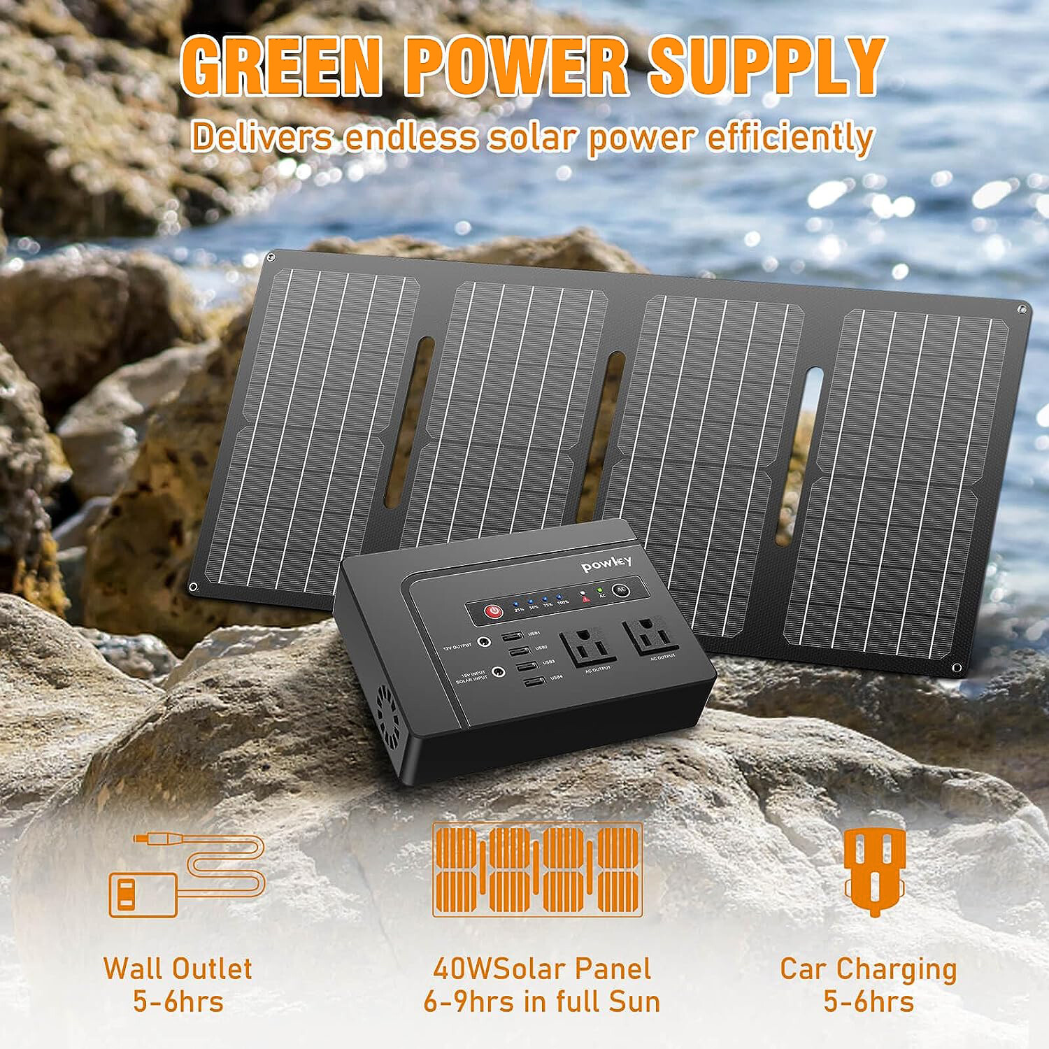 Powkey 146Wh 200W Portable Power Station Solar Generator with 40W Solar Panel
