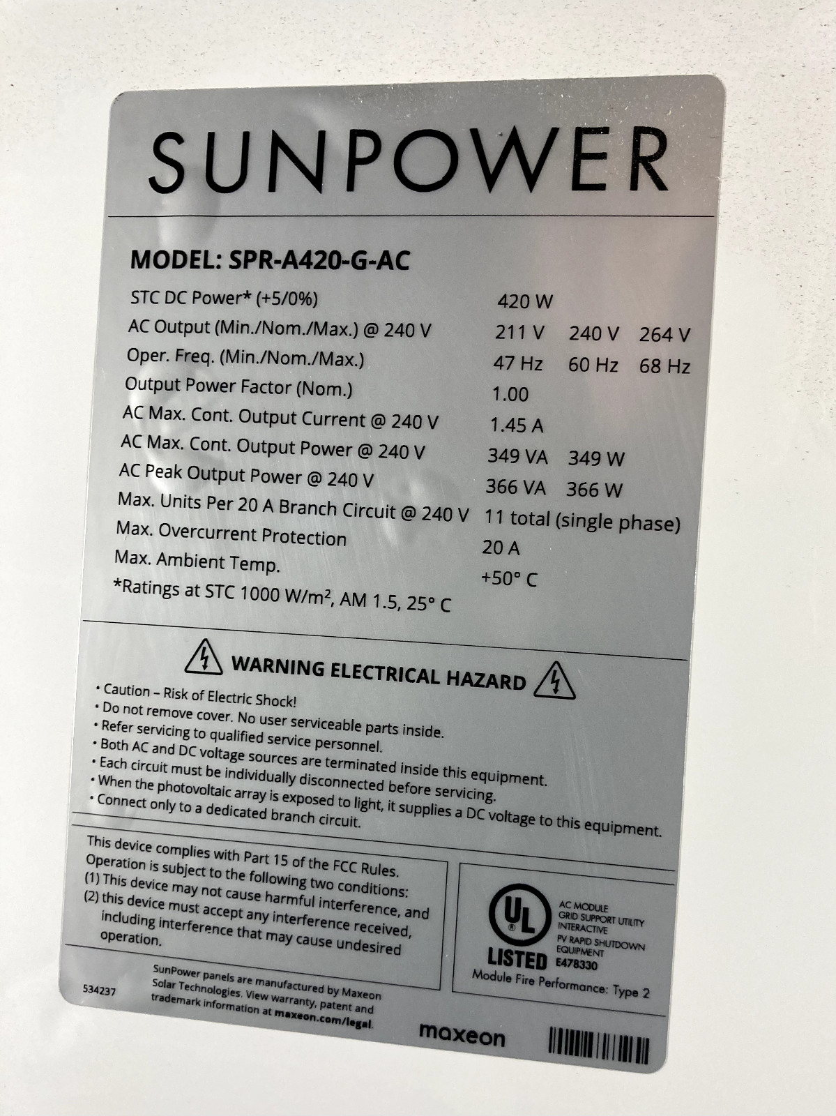 New SunPower Maxeon 420W solar panel, model SPR-A420-G-AC