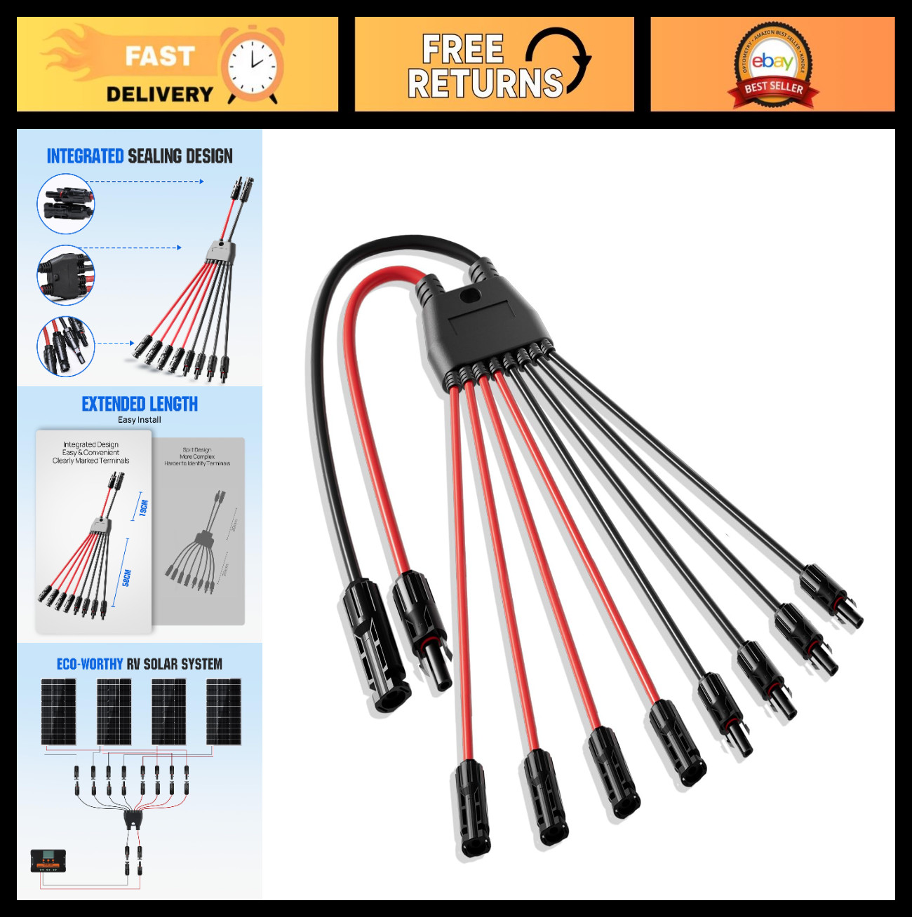 Solar Connector Y Branch Parallel PV Adapter Cable Kit for Solar Panels – 2-8 Wa