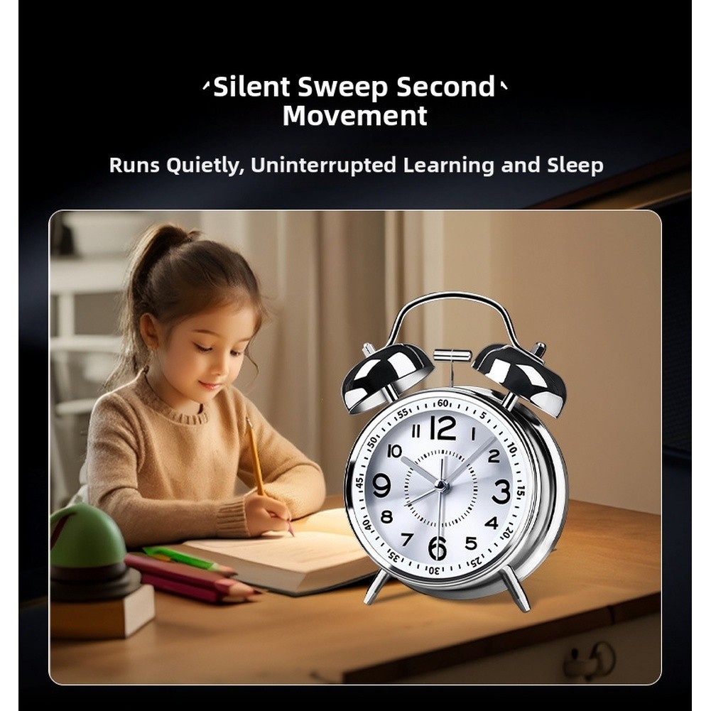 Modern Alarm Clock for Children Students 4 Inch Metal Body Night Light Function