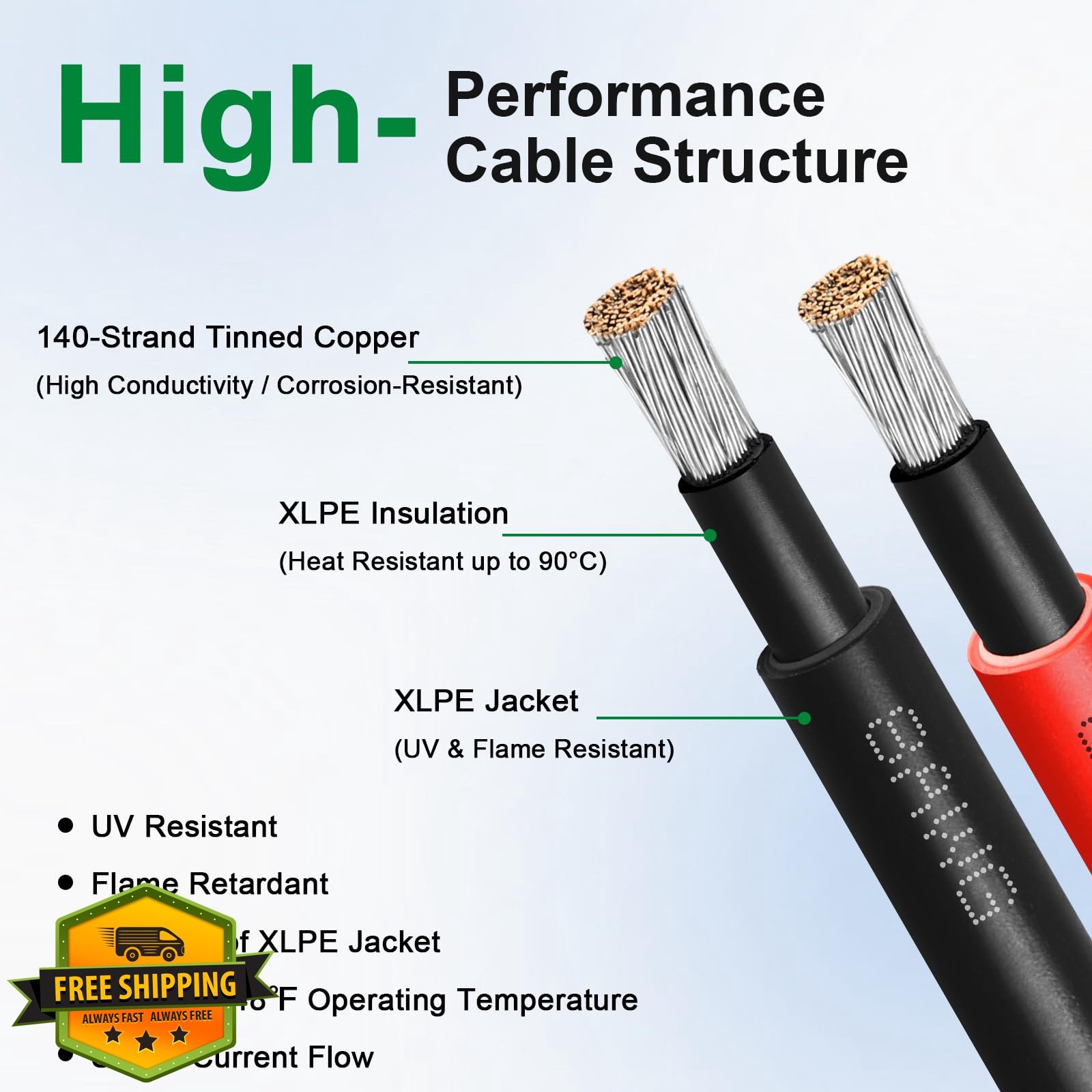 XRDS-RF Solar Extension Cable 8AWG 50FT 2-Pack Red Black