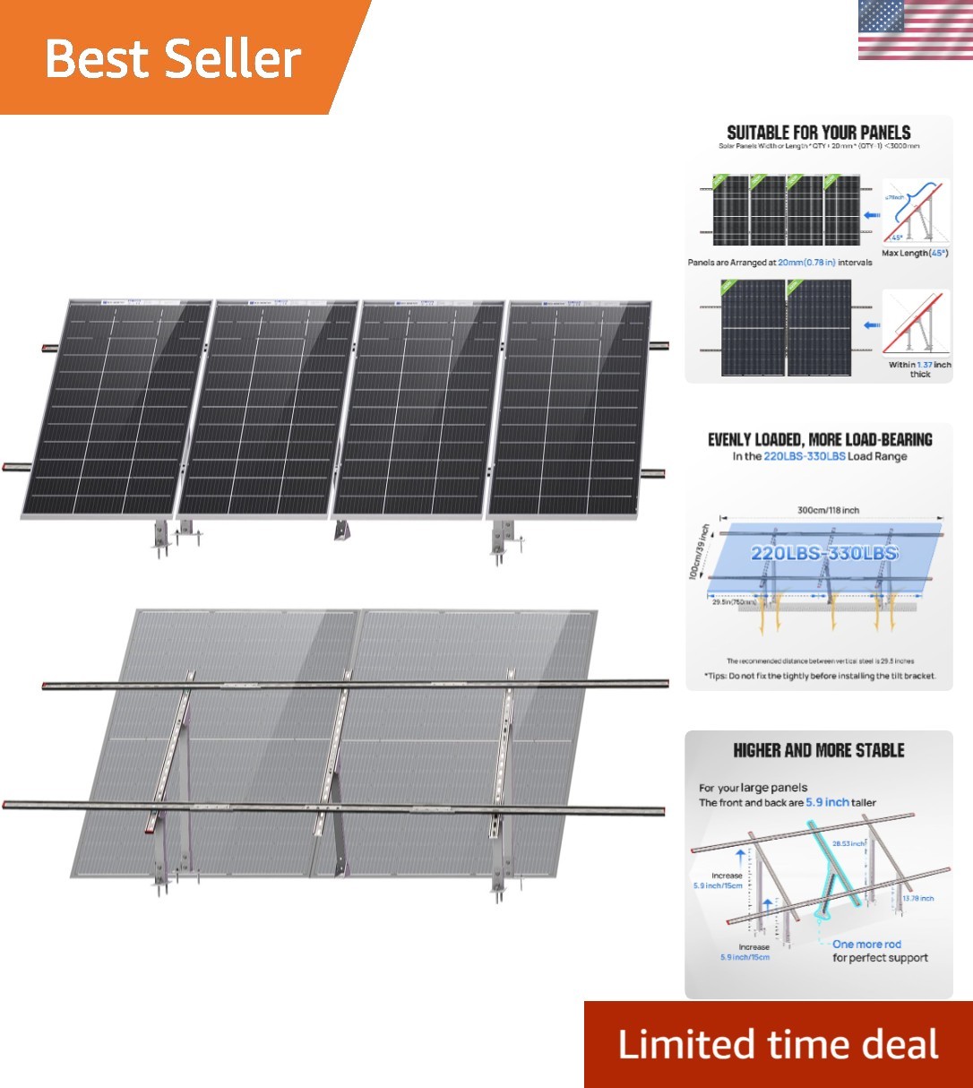 Upgraded Solar Ground Mount Adjustable Multi-Pieces Solar Panel Mounting Brac…