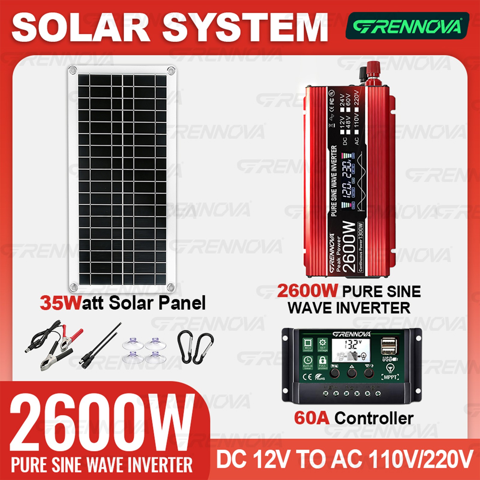 Grennova 2600W Off-Grid Solar Kit 60A MPPT Pure Sine Home RV Power