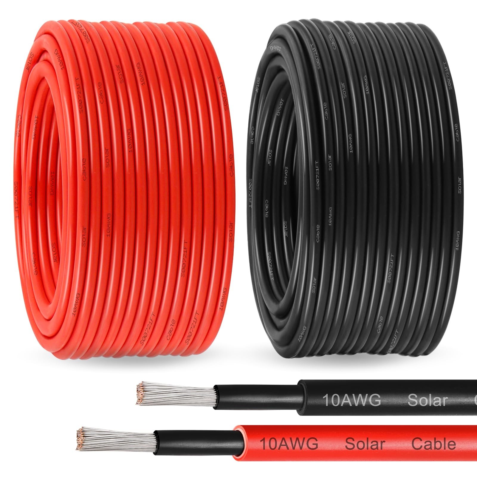 Solar Panel Wire 10 AWG 10 Gauge Tinned Copper PV Cable Black 100′ & Red 100′