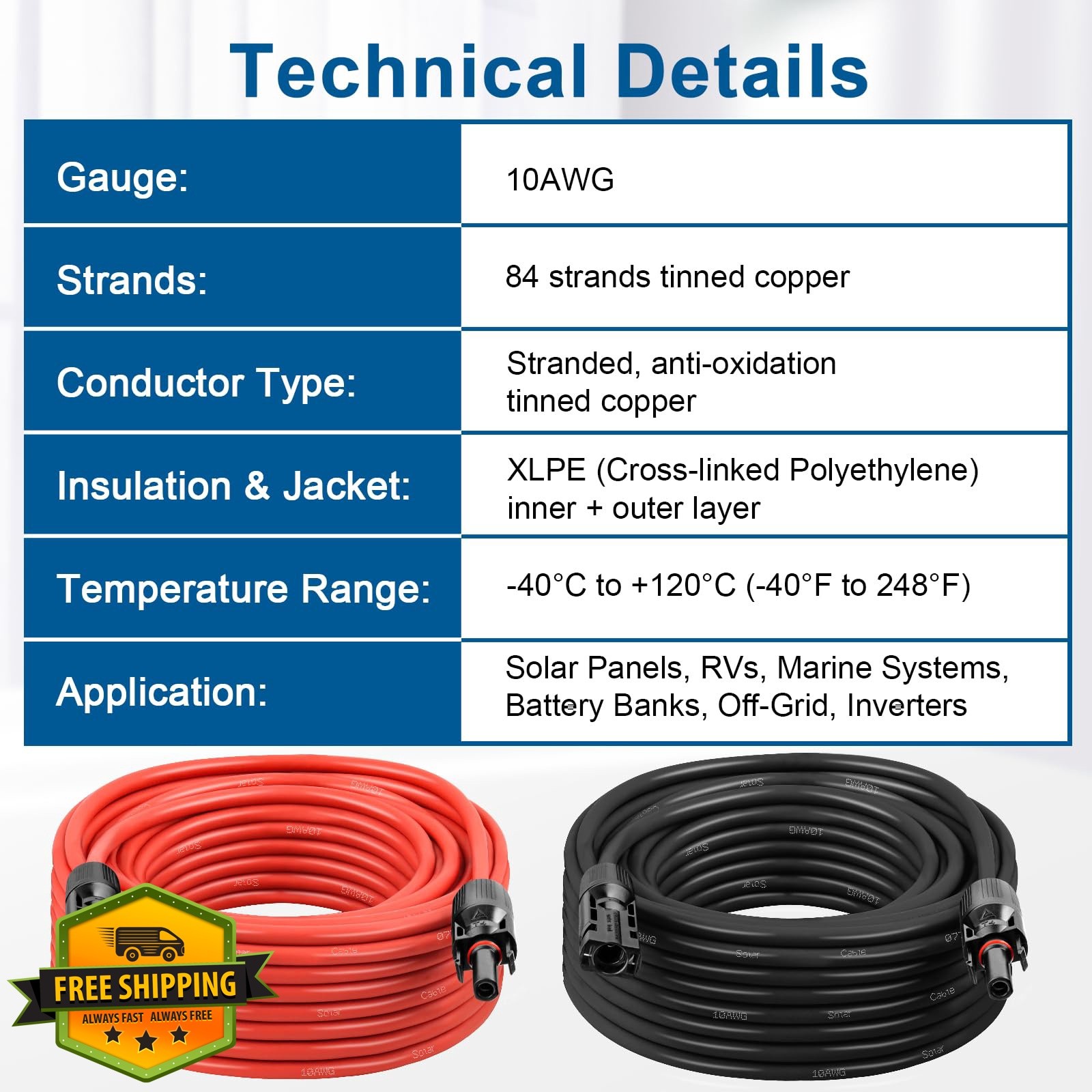 XRDS-RF 10AWG 2FT Solar Extension Cable 2pk Red Black