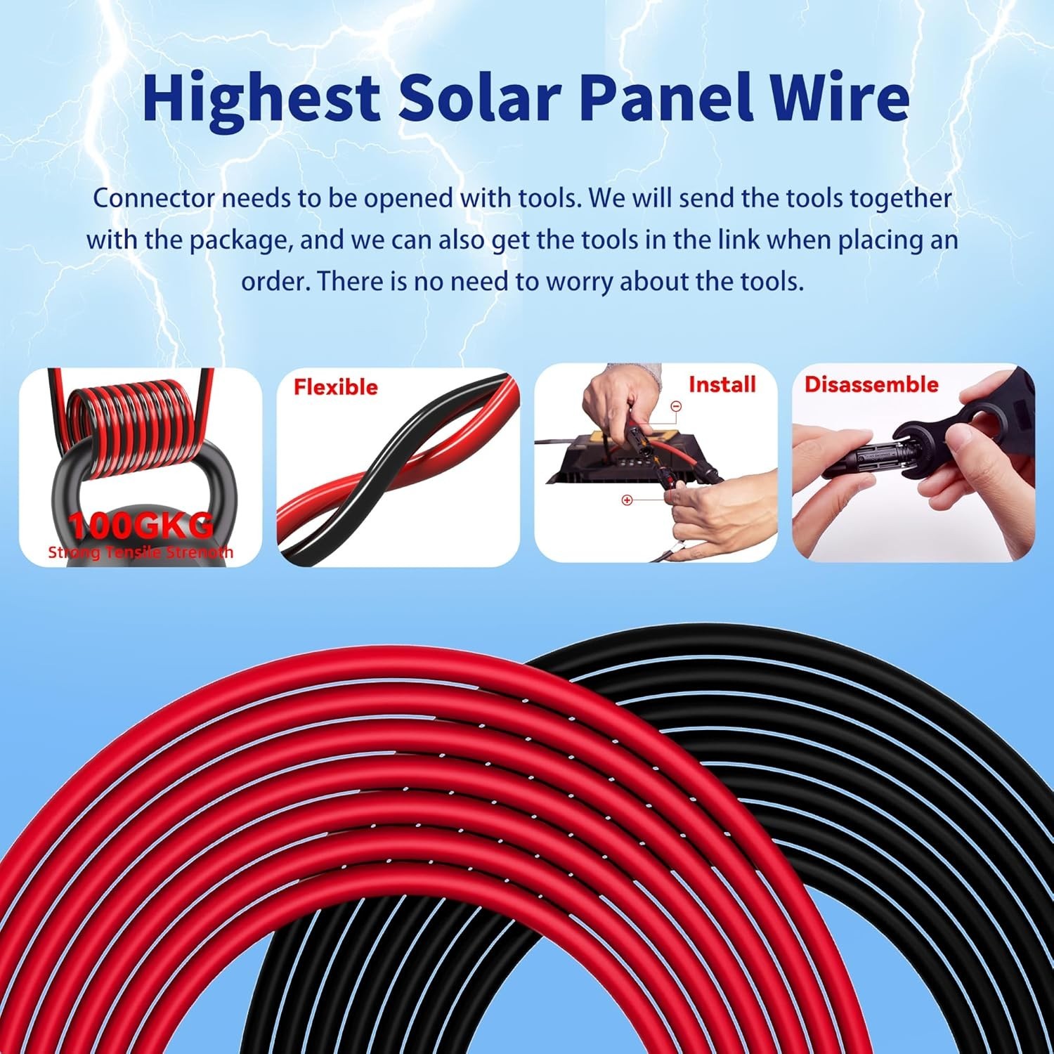 10 AWG Tinned Copper Solar Extension Cable with Waterproof Connectors – 10ft