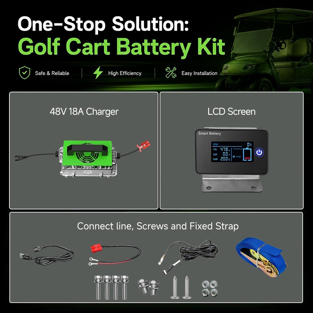 48V 100Ah LiFePO4 Golf Cart Battery and 18A Charger for Club Car RV Bluetooth