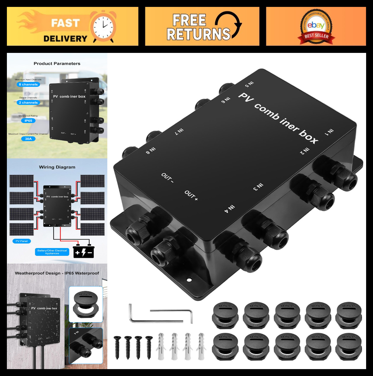 Weatherproof Solar Panel Combiner Box, 8-in-1 Connection for RV & Off-Grid Syste
