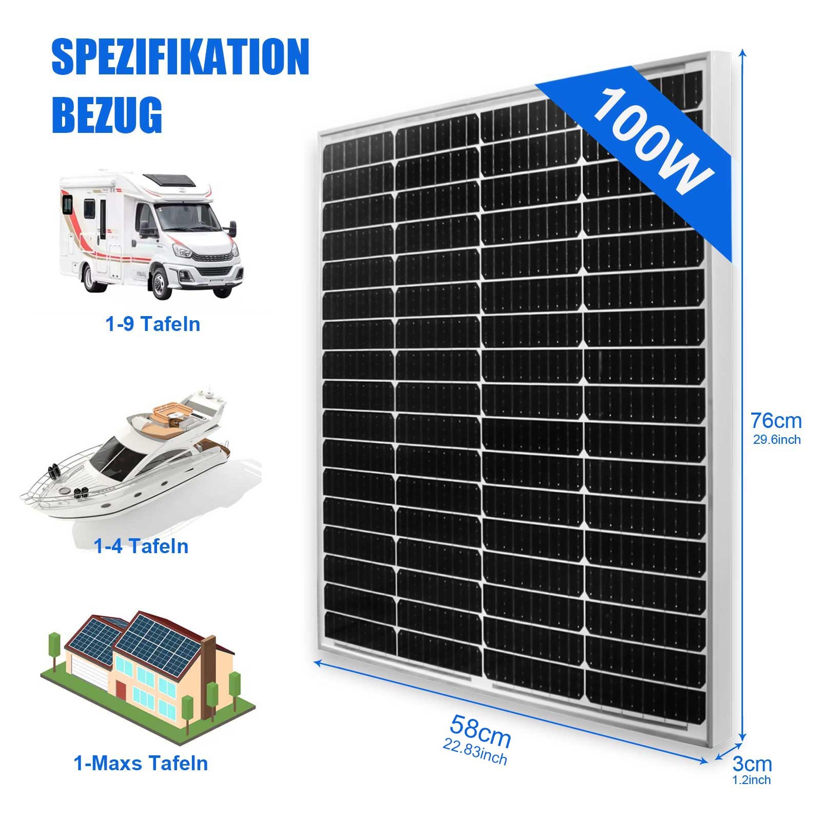 100W 12V Solar Panel MONO High-Efficiency PV Module Charger for RV Marine Home