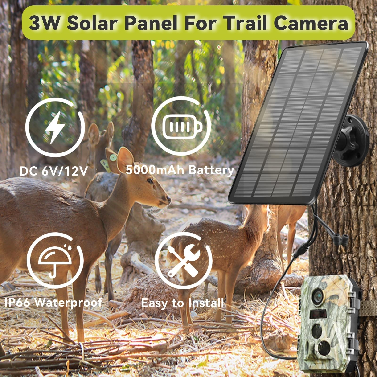 Solar Panel for Trail Camera 2-Pack, 5000mAh Battery, IP66 Waterproof, USB-C & D