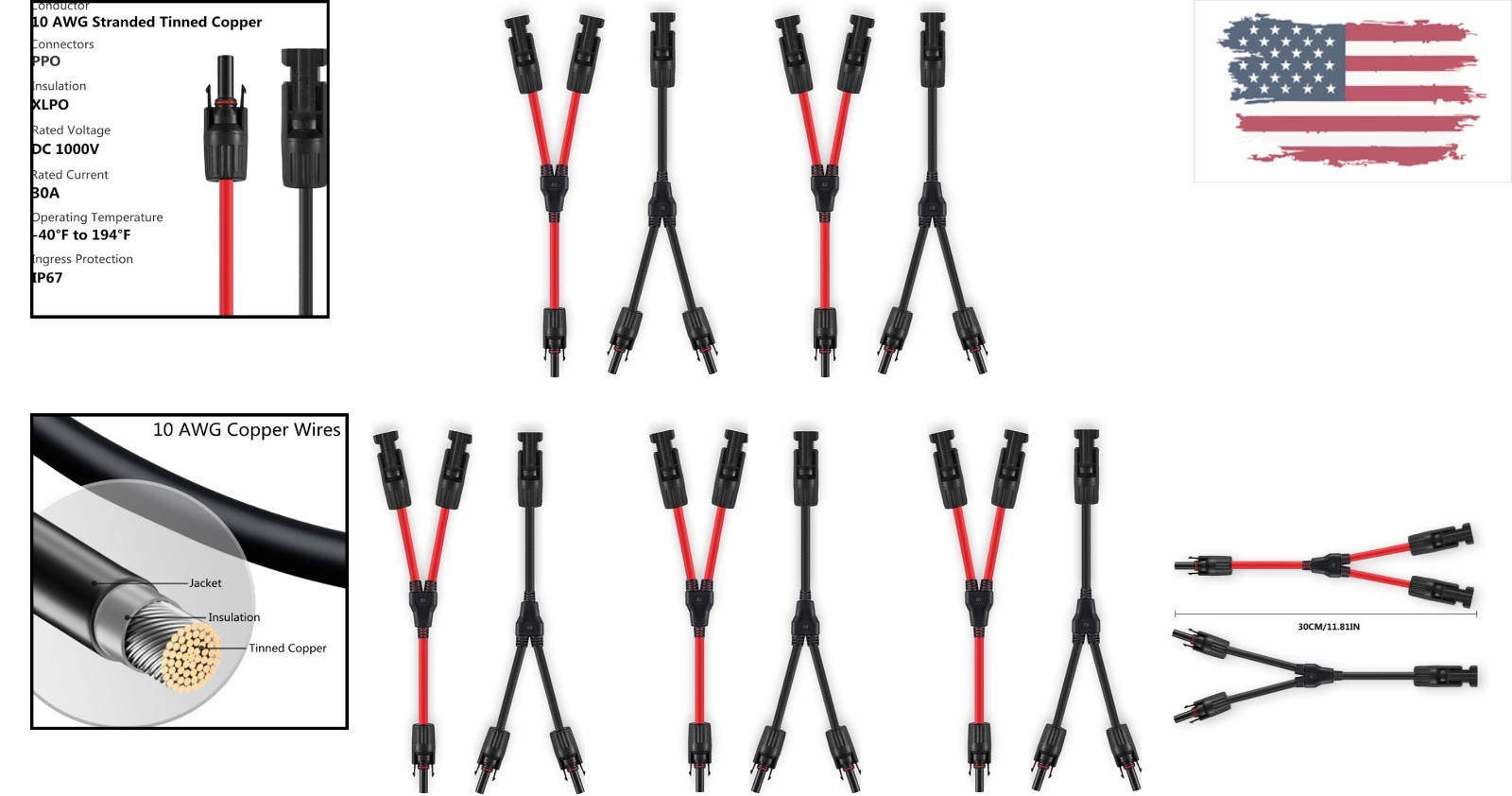 Reliable 5 Pairs Y Branch Solar Connectors with Protection & 30A Current