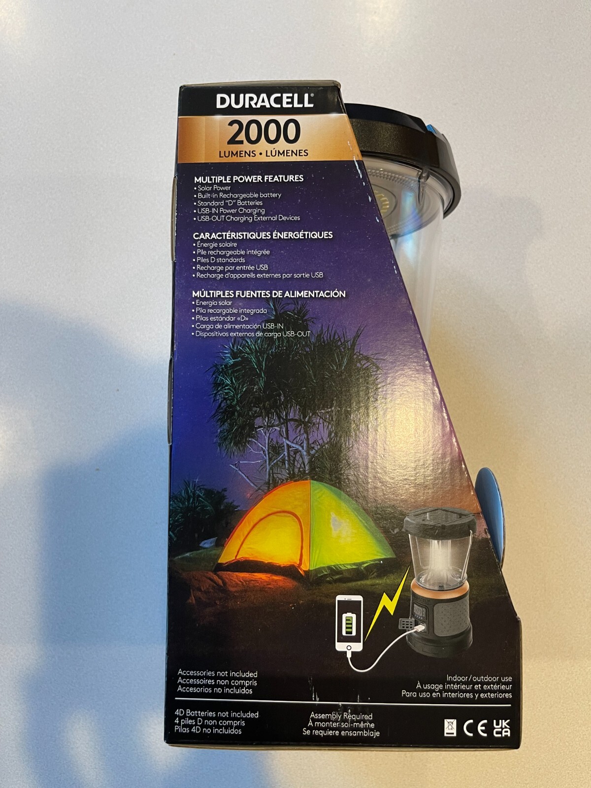 BRAND NEW Duracell 2000 Lumens Rechargable Lantern Solar Power Built-In Battery