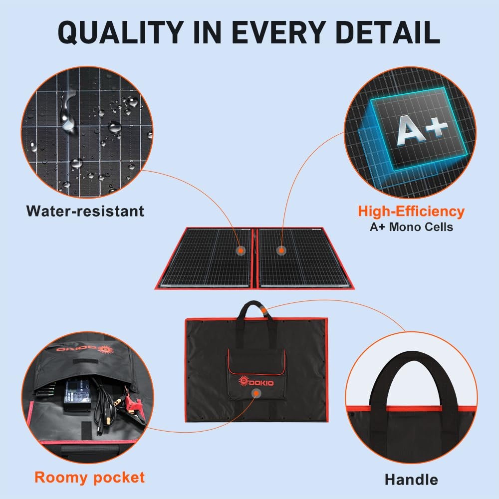 DOKIO 100W Portable Foldable Solar Panel Kit 19x26in, 5.3lb, with Separate Co…
