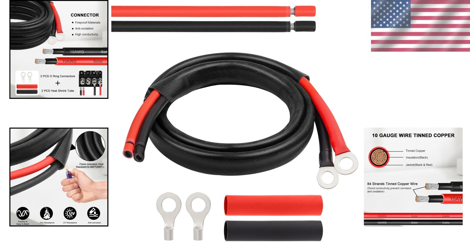 High-Efficiency 10 AWG Solar Battery Cable with Protective Sleeving – 3FT Length