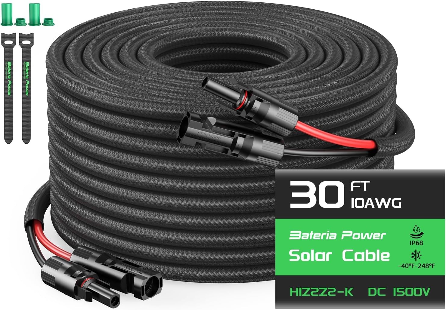 Bateria Power 10AWG 30FT Solar Panel Extension Cable, Flame Retardant Protective