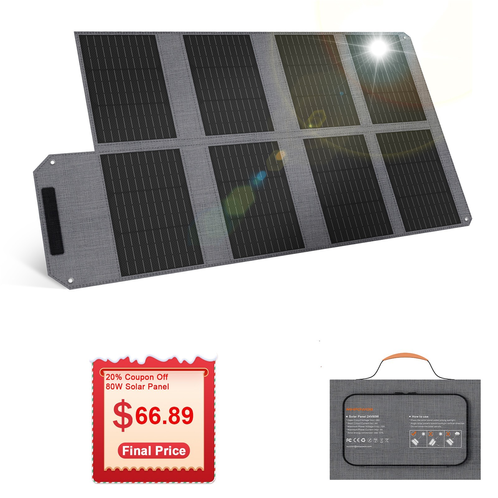 80W Solar Panel for Anker 521 Portable Power Station 300W/256Wh Solar Generator