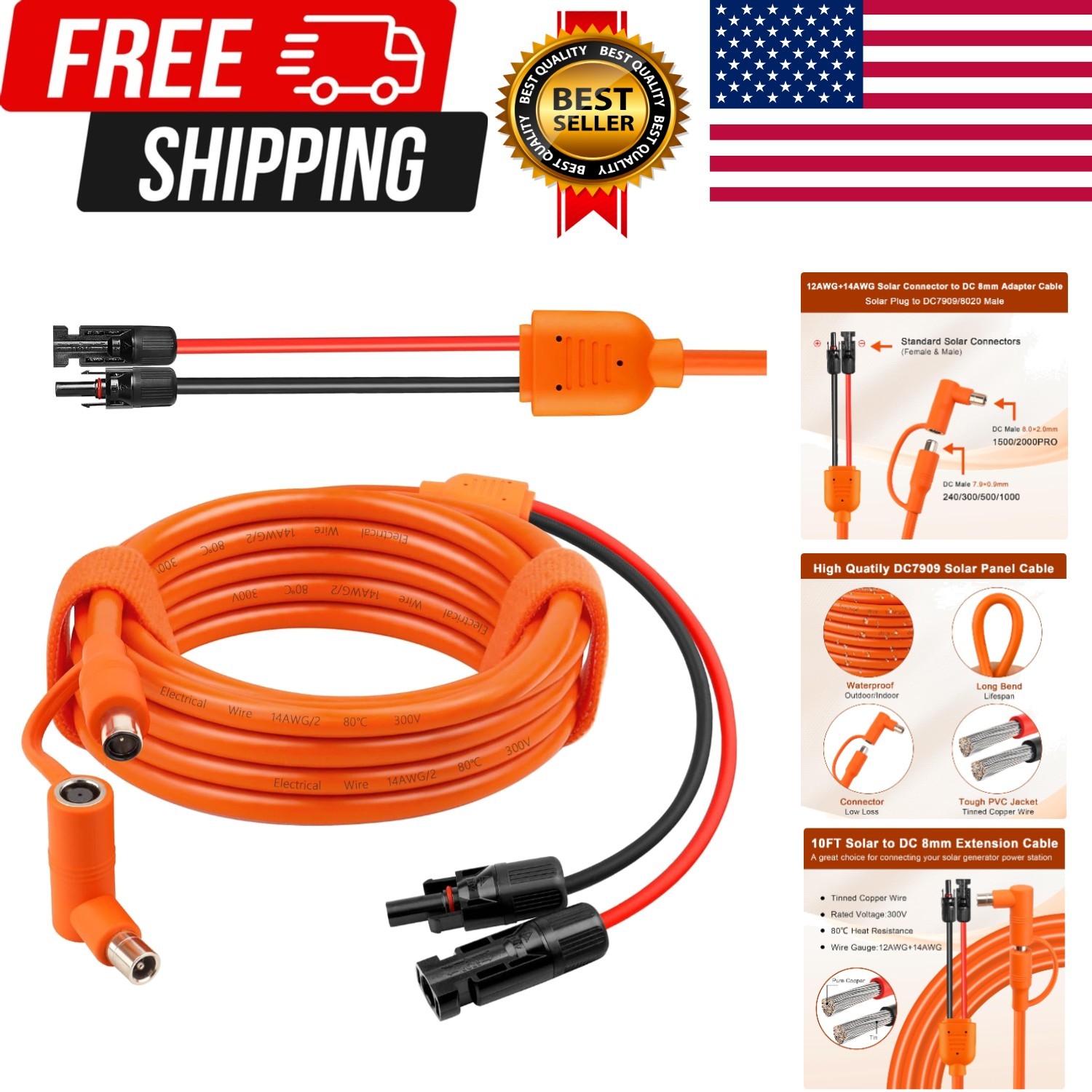 Solar to DC 8mm Charge Extension Cable 10FT,12AWG+14AWG Solar Cable with Sola…