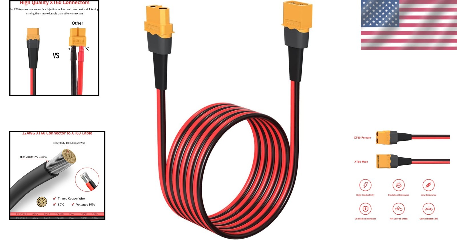 Effortless 10FT XT60 Extension Cable: 12AWG Tinned Copper for Optimal Power Flow