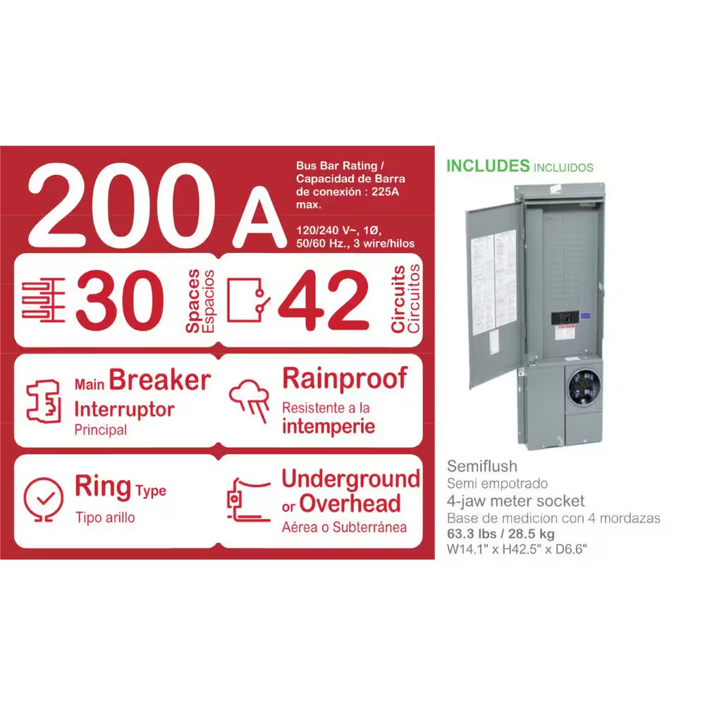 Homeline 200 Amp 30-Space 42-Circuit Outdoor Ring-Type Semi-Flush Mount Solar-Re