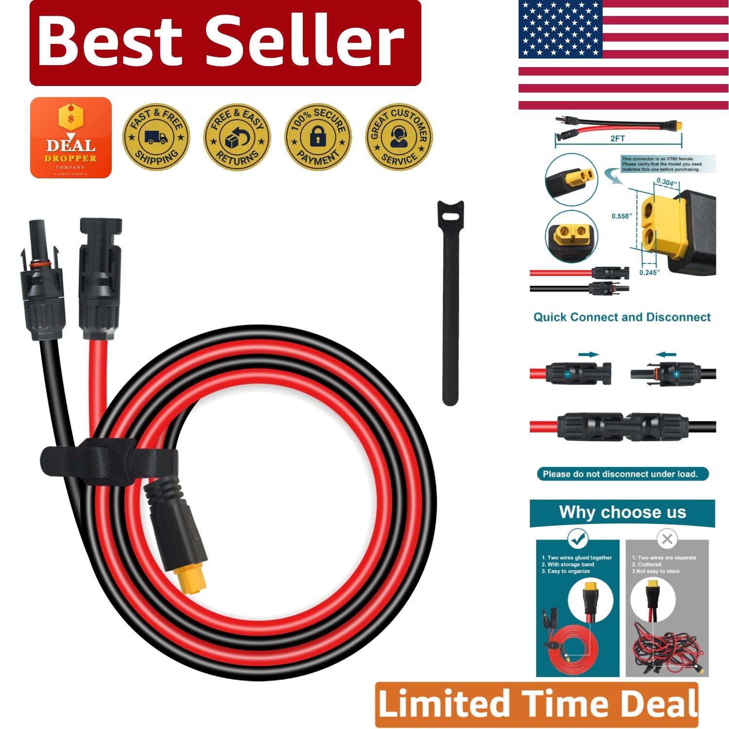 2FT XT60 Connector Cable – MC4 to XT60, 12AWG, Perfect for Solar Systems