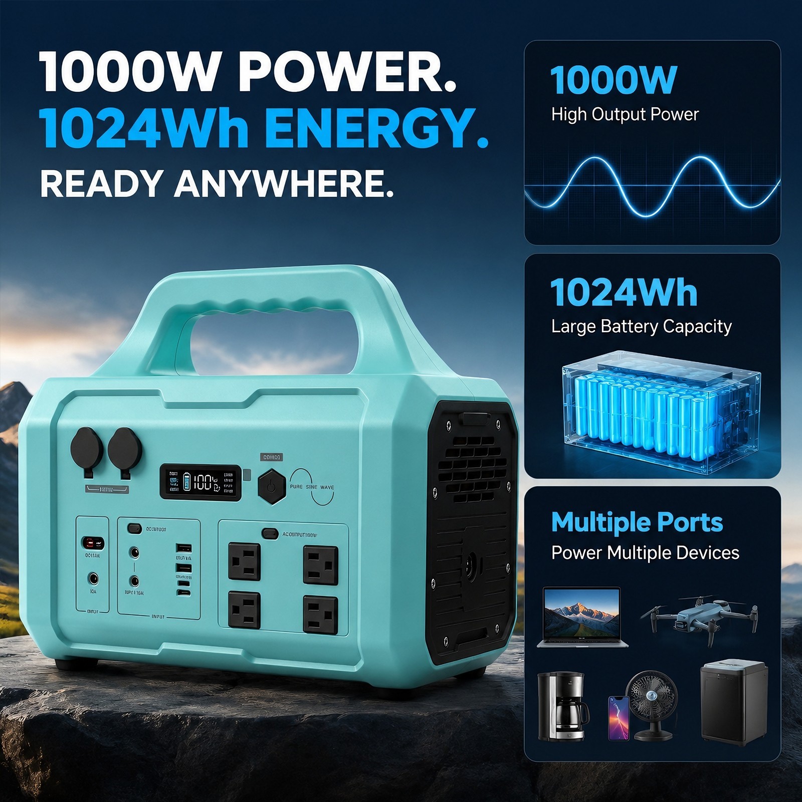 1000W 1024Wh Blue LiFePO4 Portable Pure Sine Wave Fast Charge Power Station