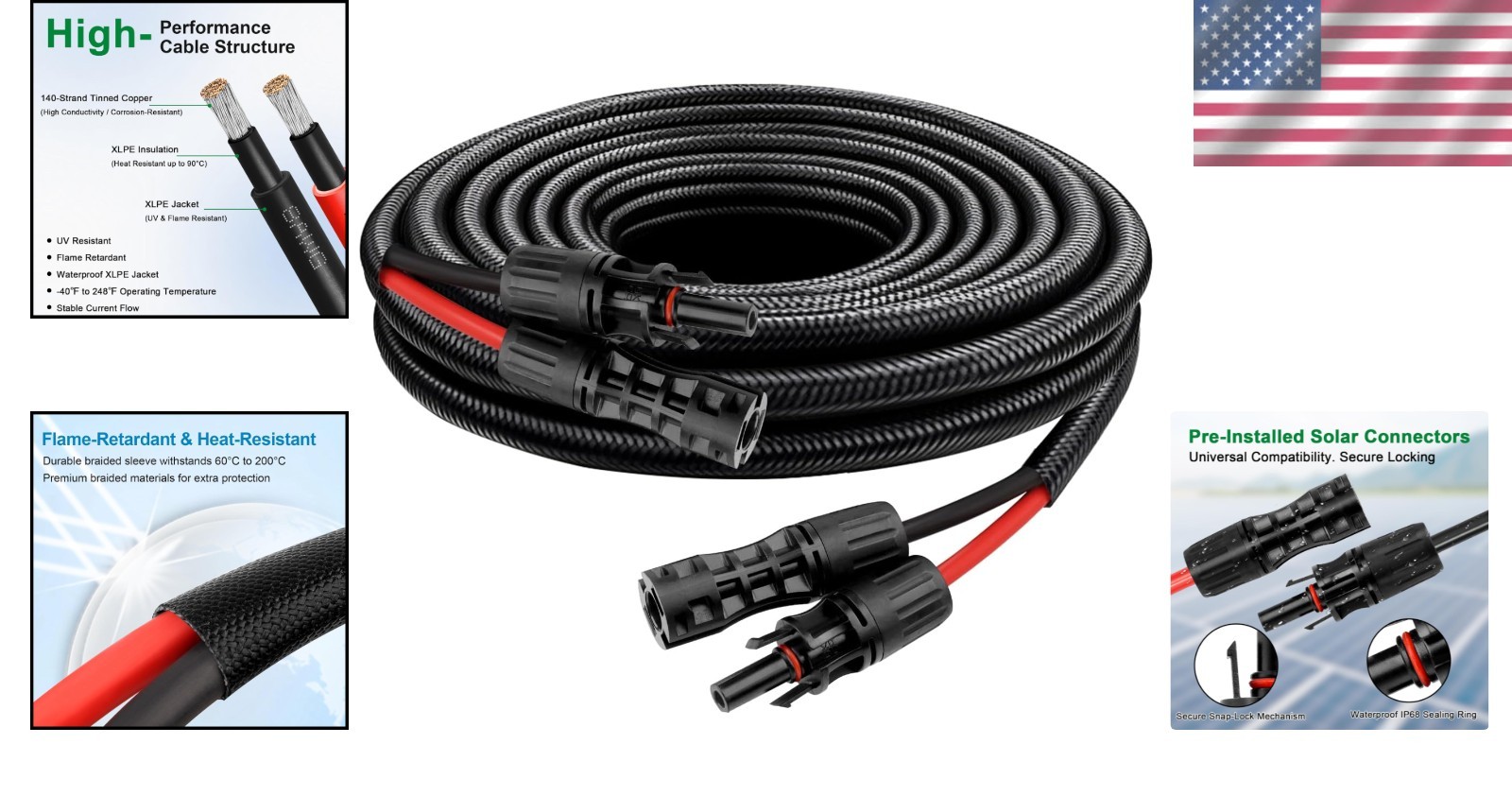 6FT Protected Solar Panel Cable 8AWG – Flame-Retardant, Weather Resistant Design