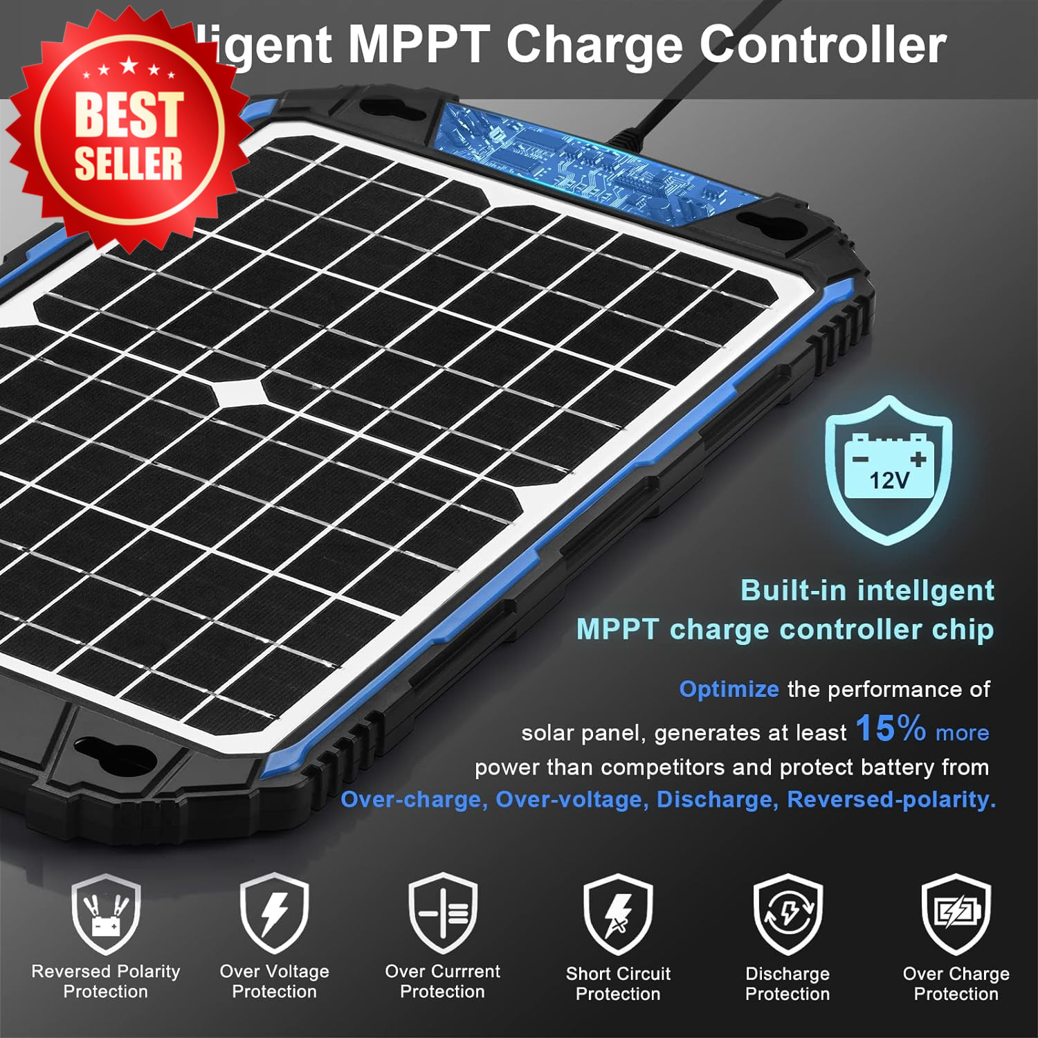 12W 12V Waterproof Solar Battery Charger Maintainer Pro MPPT Controller US