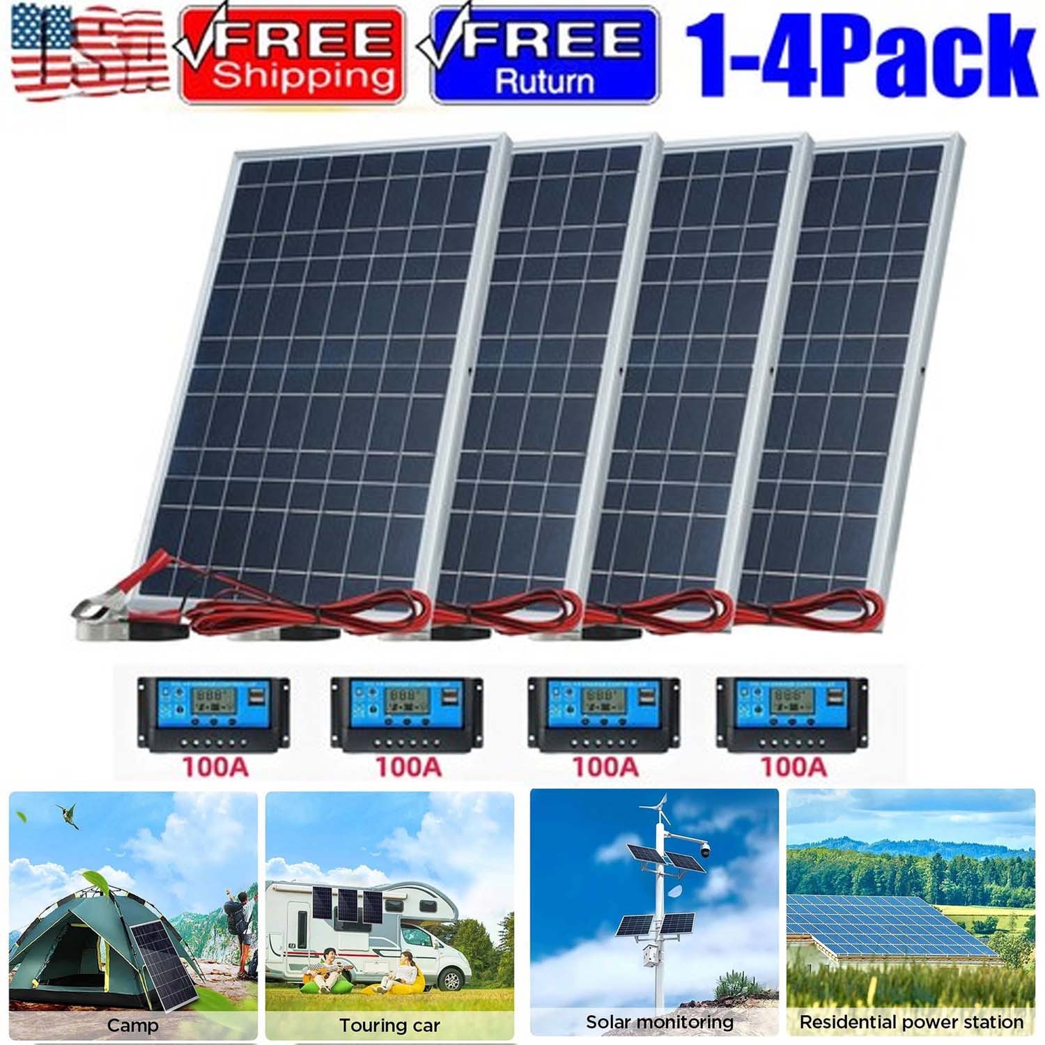 30W Solar Panel 12V Solar Battery Trickle Charger 100A W/ Controller Maintainer