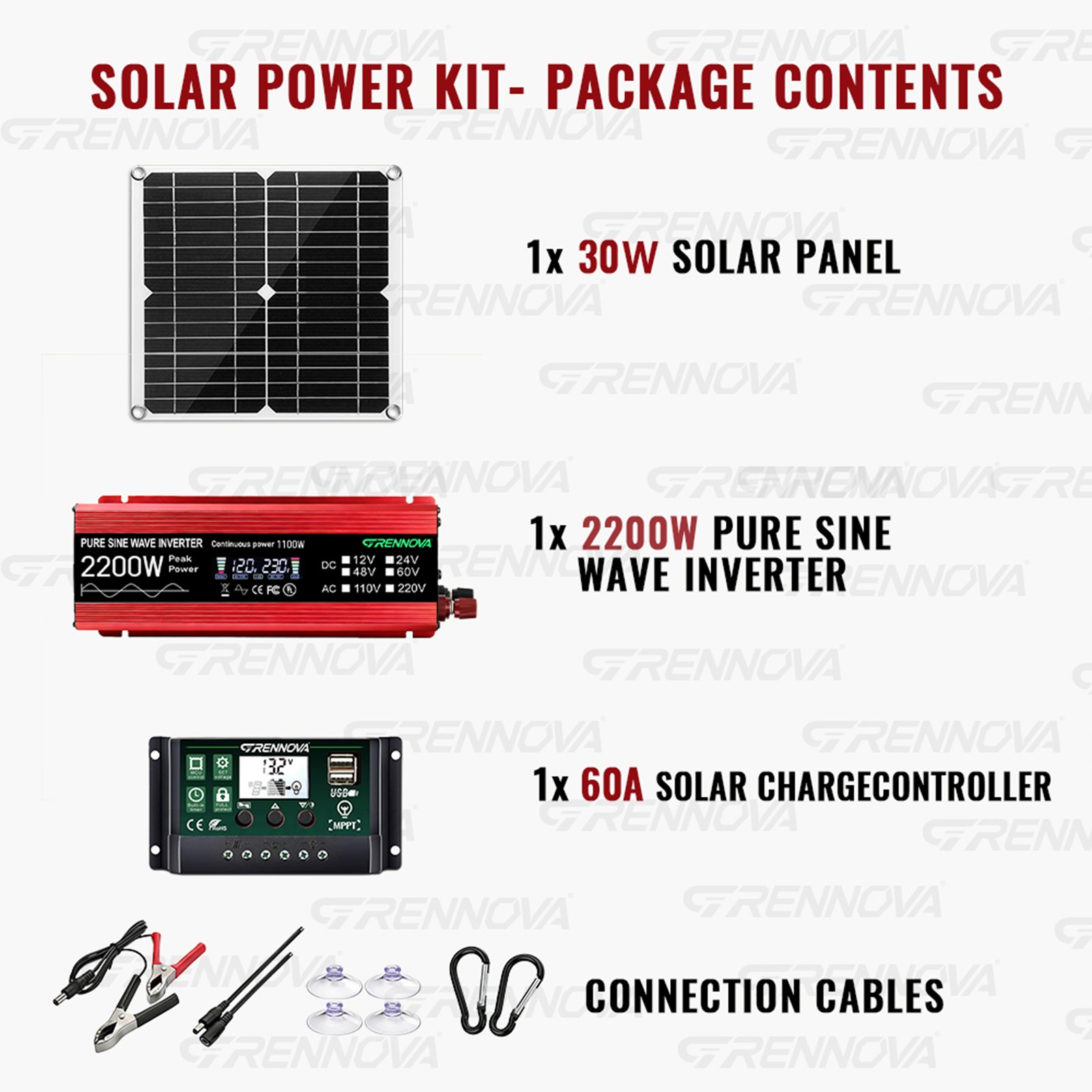 Grennova 2200W Real Power Solar Kit Pure Sine 60A MPPT RV Farm Home