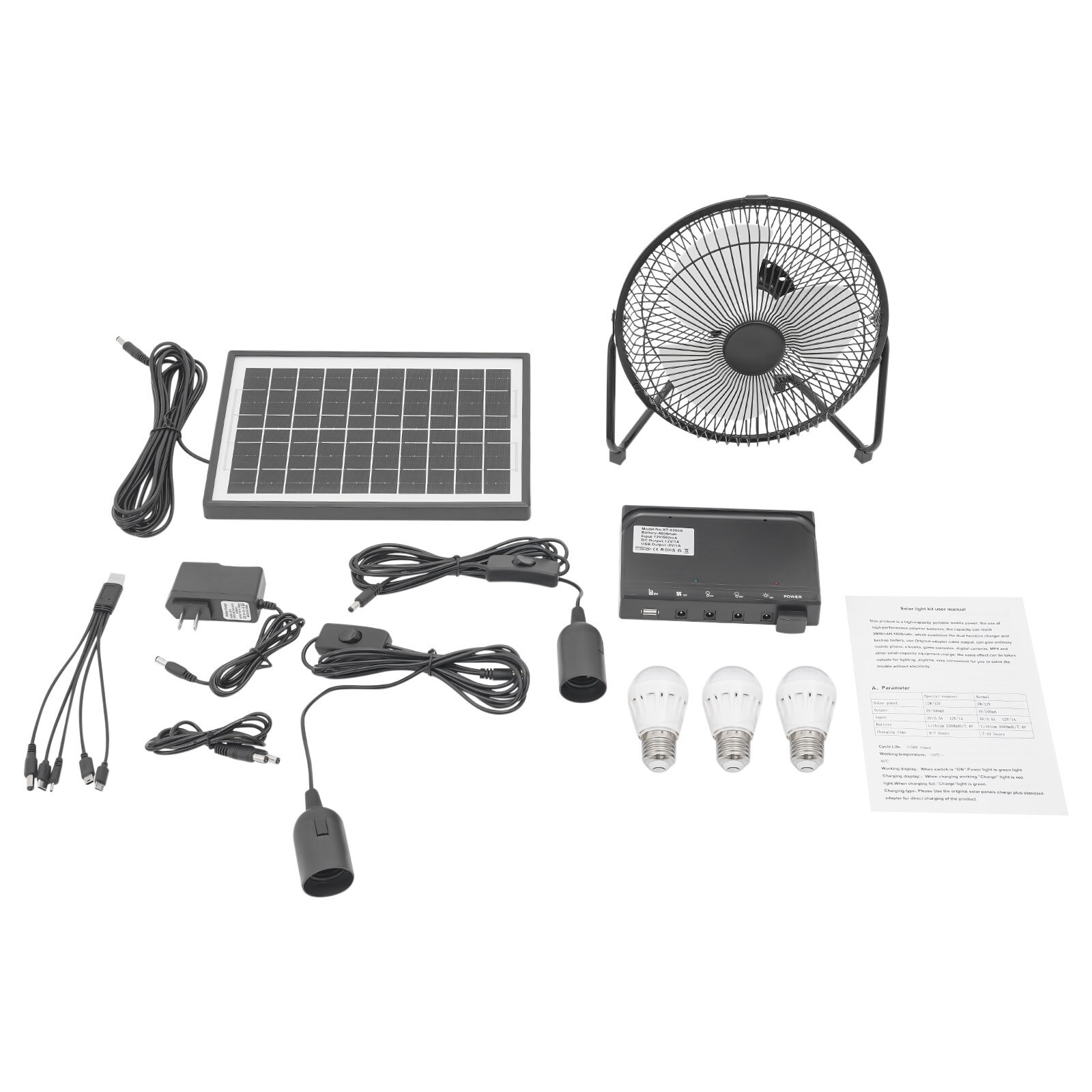 Solar Power Panel Kit Outdoor Camping USB Charging System W/ LED Light + 8″ Fan