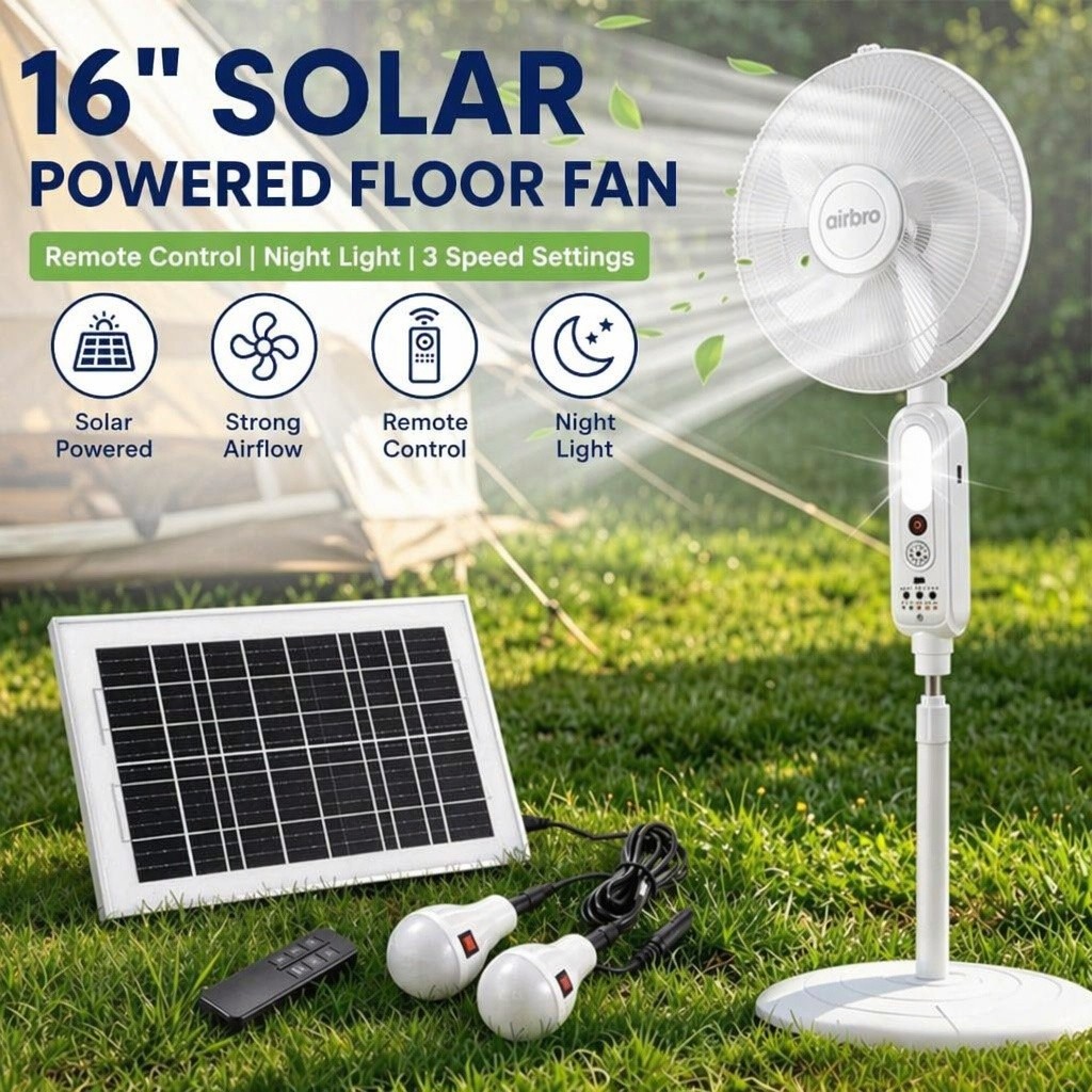 16″ Rechargeable Standing Floor Fan AC Solar Charging Fan w/ Remote &2 LED Bulbs