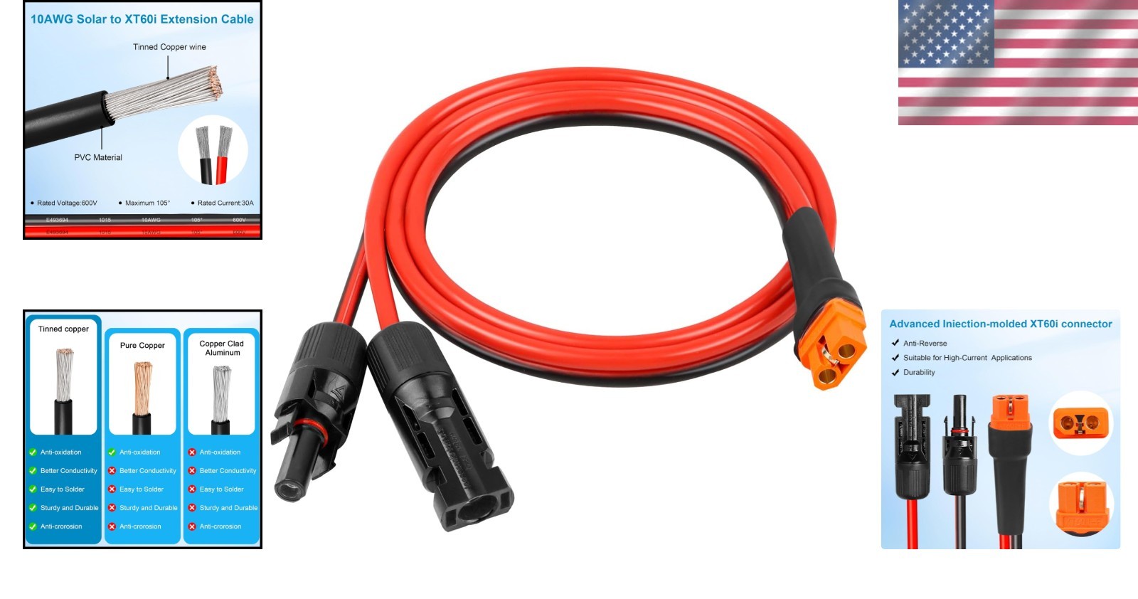 Plug-and-Play 10AWG Extension Cable with XT60i Connector – 3FT for Solar Setup