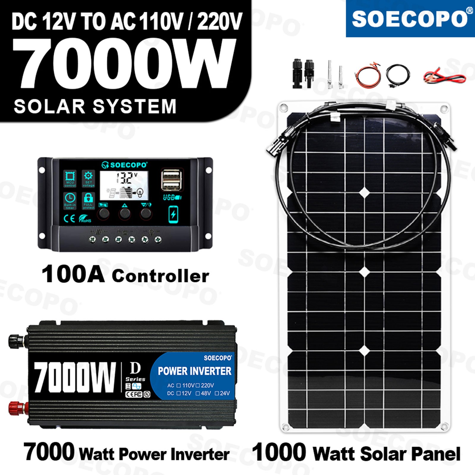 SOECOPO 7000W Solar System Kit,100A Controller, 12V DC to 110V/220V