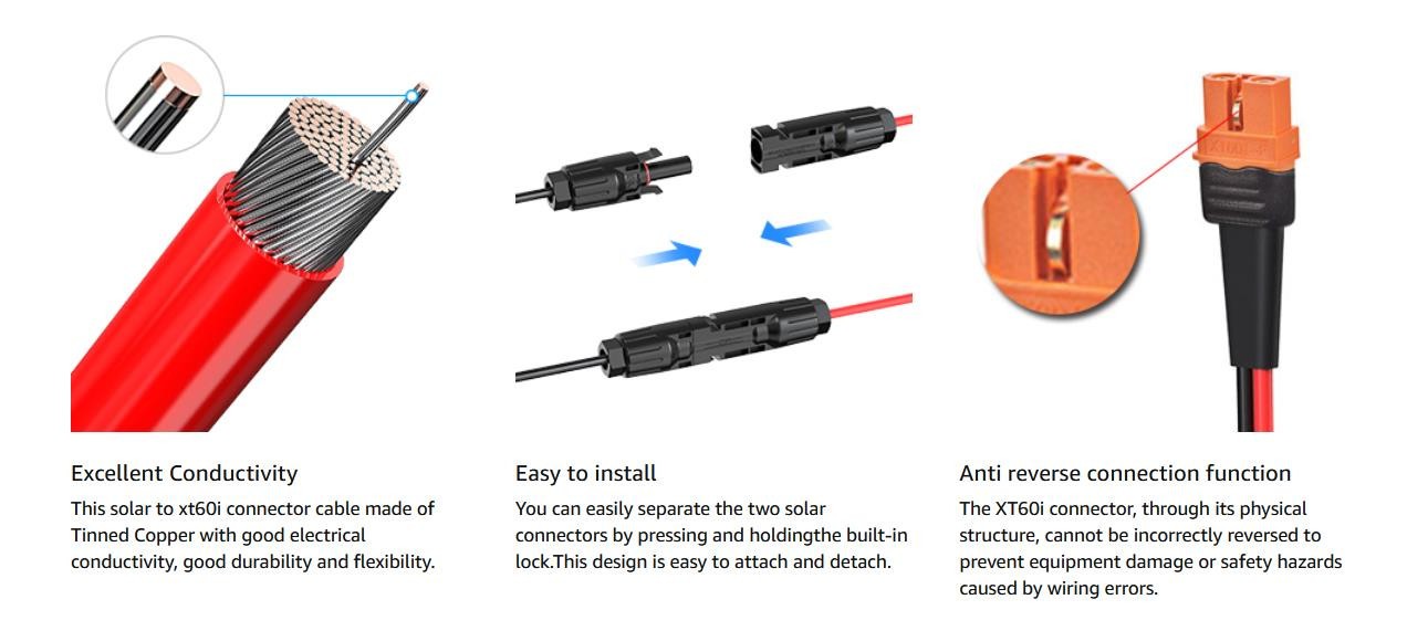 10AWG XT60i to Solar Connector Solar Panel Extension Charging Cable for Portable