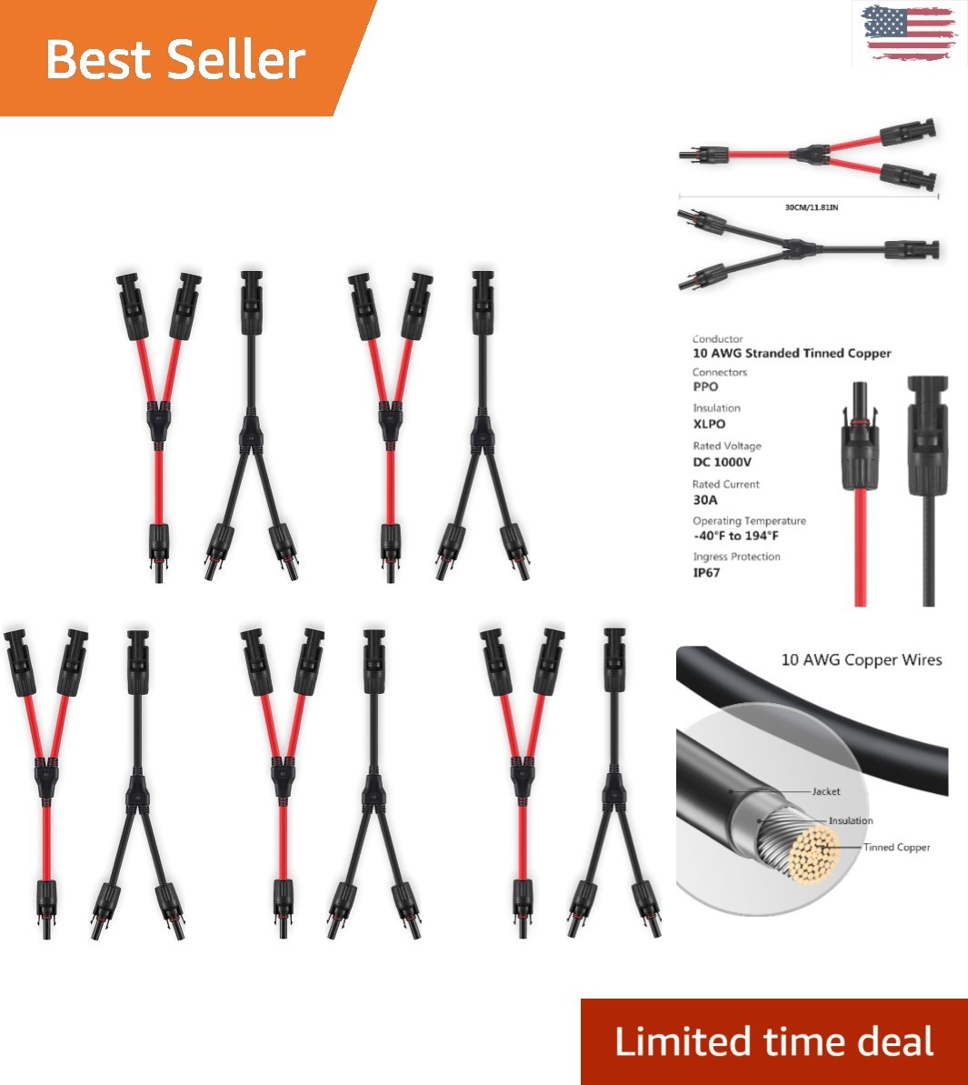 Reliable 5 Pairs Y Branch Solar Connectors with Protection & 30A Current