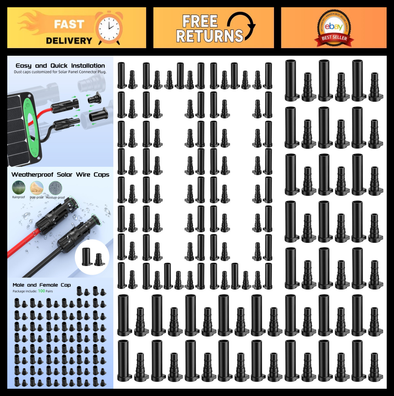 100 Pairs Solar Connector Caps, IP68 Waterproof Dust Covers for Solar Panels
