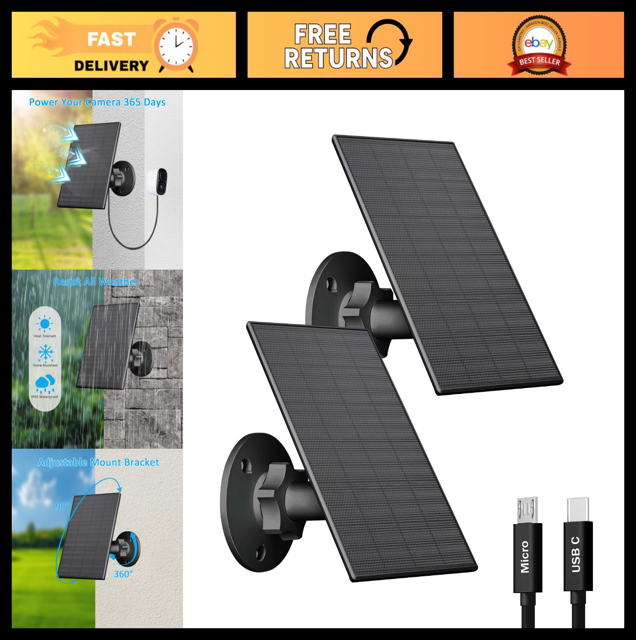 2W Solar Panel for Outdoor Security Cameras, IP65 Waterproof, 360° Adjustable, 7
