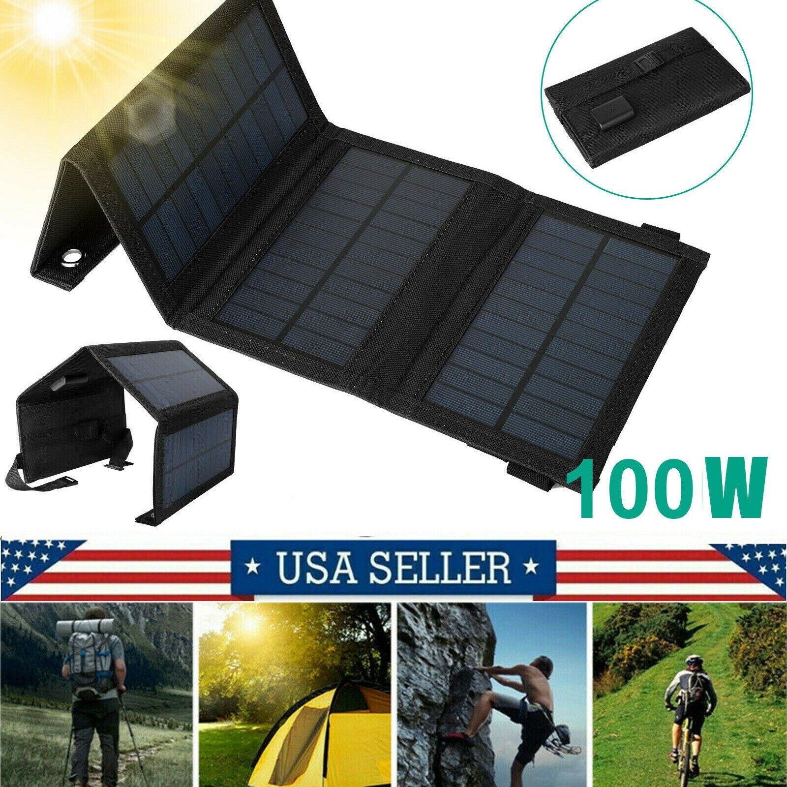 100W USB Solar Panel Folding Power Bank Outdoor Camping Hiking Phone Charger Kit