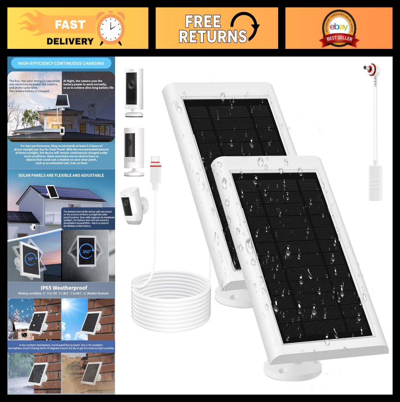 2 Pack 5W Solar Panels for Ring Camera, 10FT Cable, Waterproof & Dustproof Secur
