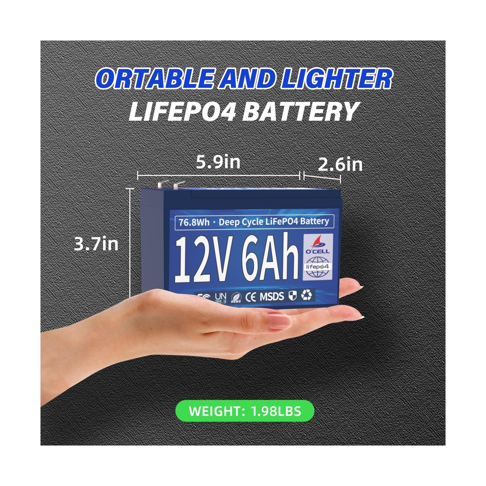 6Ah 12V LiFePO4 Lithium Battery, Energy Storage with 6A BMS, 40… USA FAST SHIP