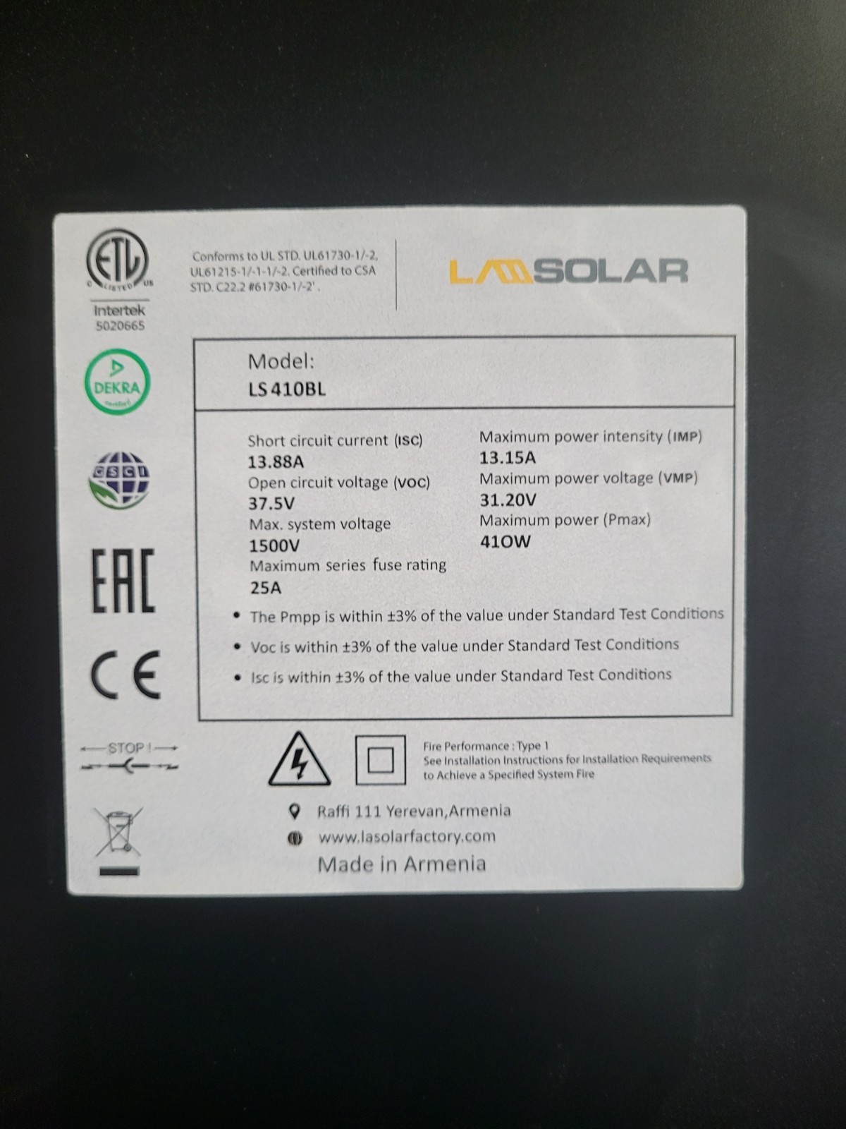 LA SOLAR 410W BLACK ON BLACK Solar panel