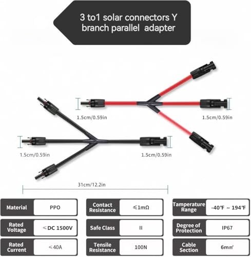 3-to-1 Solar Panel Y Branch Connectors, 1500V DC 30A, Universal 10AWG, 2 Pairs