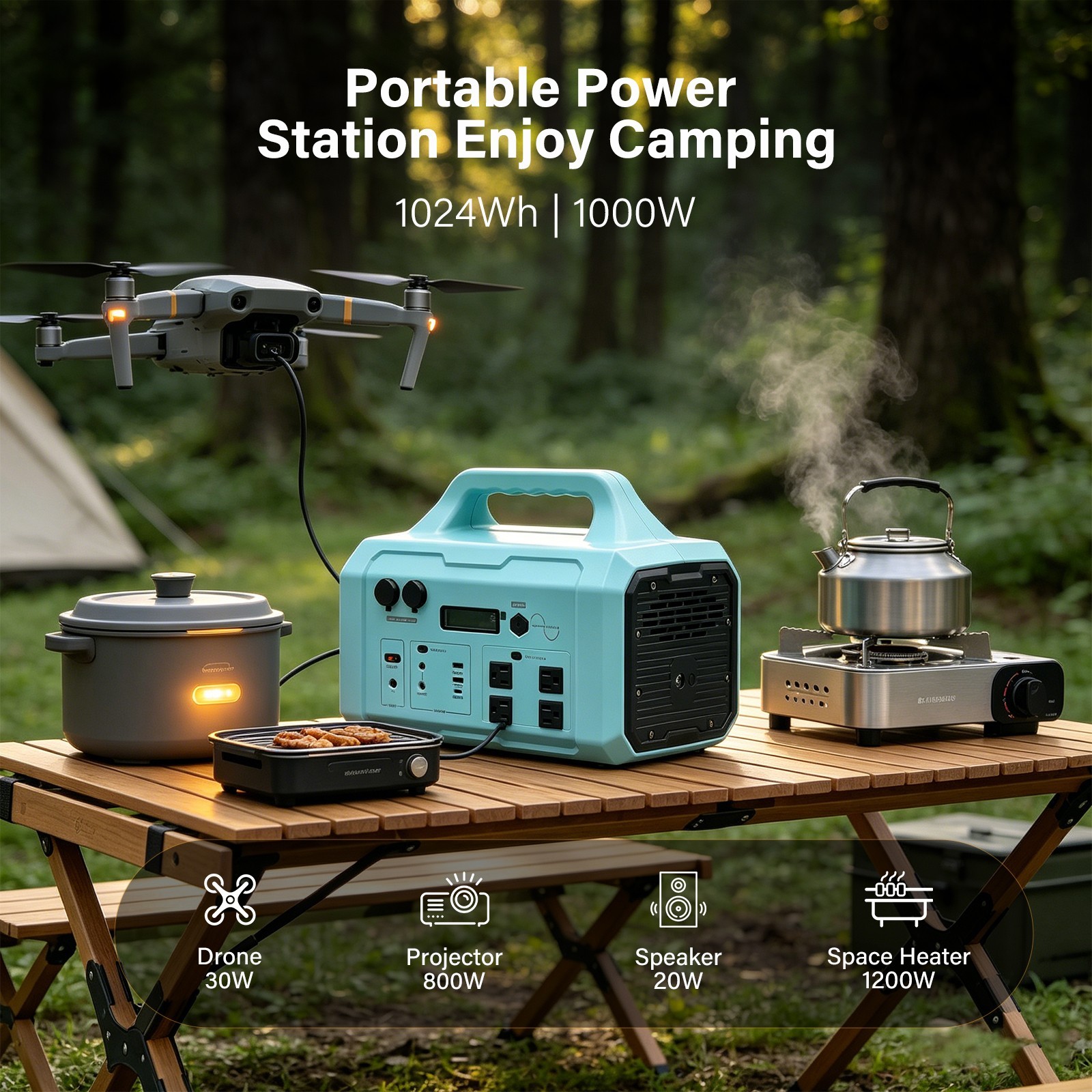 Emergency Portable Power Station 1000W, 1024Wh, Solar Compatible, 3 LED Modes