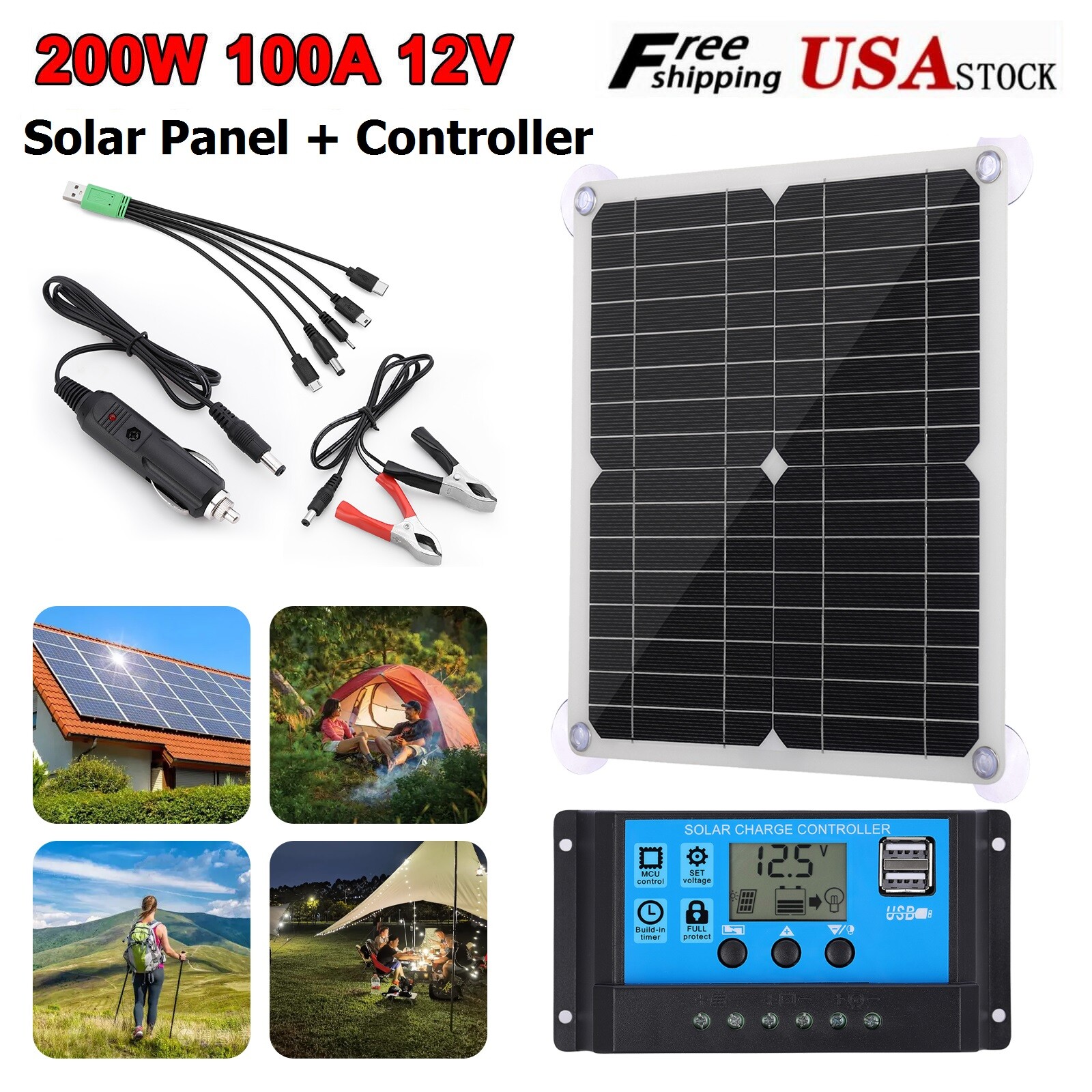 200W Solar Panel Kit with 100A 12V Battery Charger Controller Caravan Boat Car