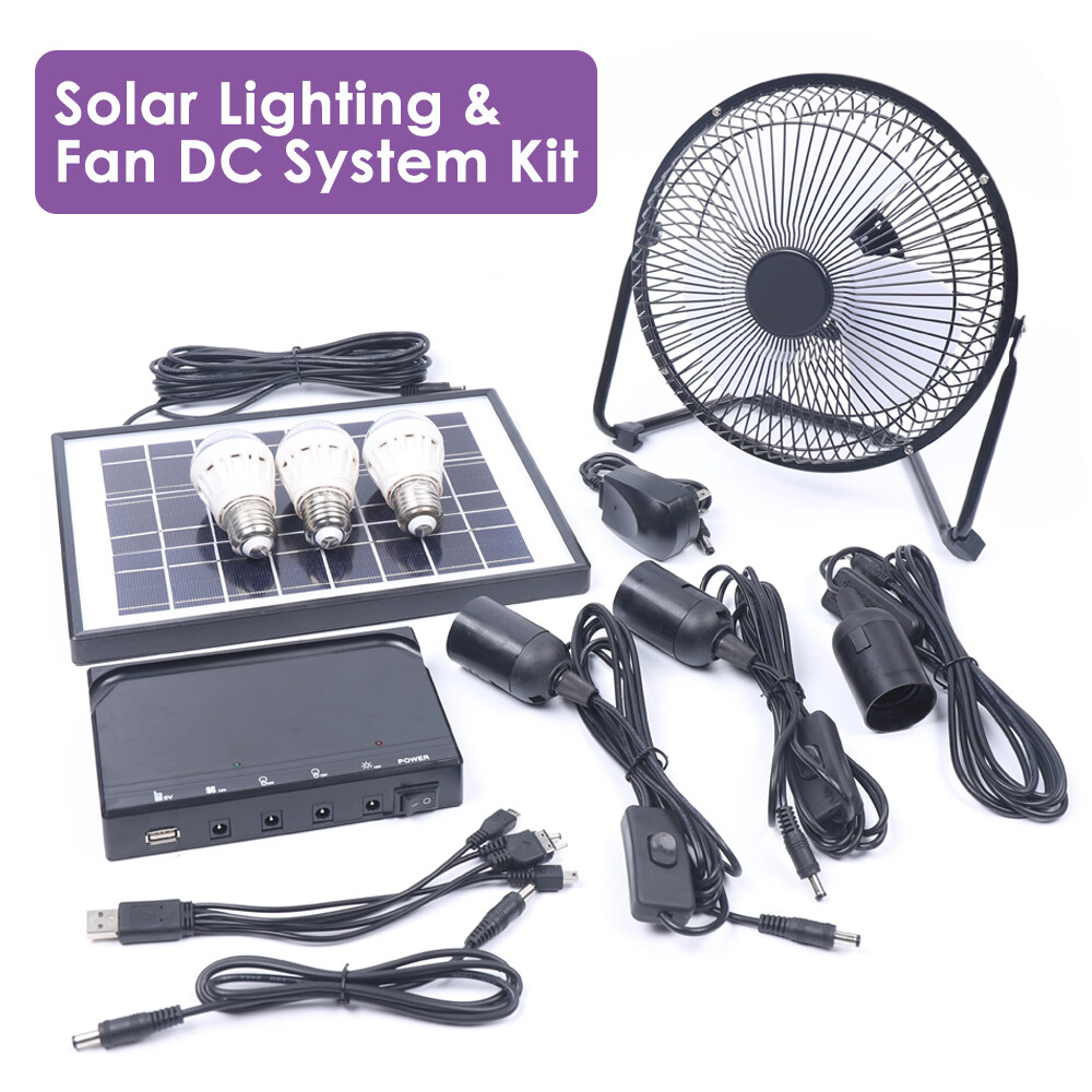 Solar Power Energy Lighting System Kit Set W/ 3 LED Lights, 1*Fan, 1 Solar Panel